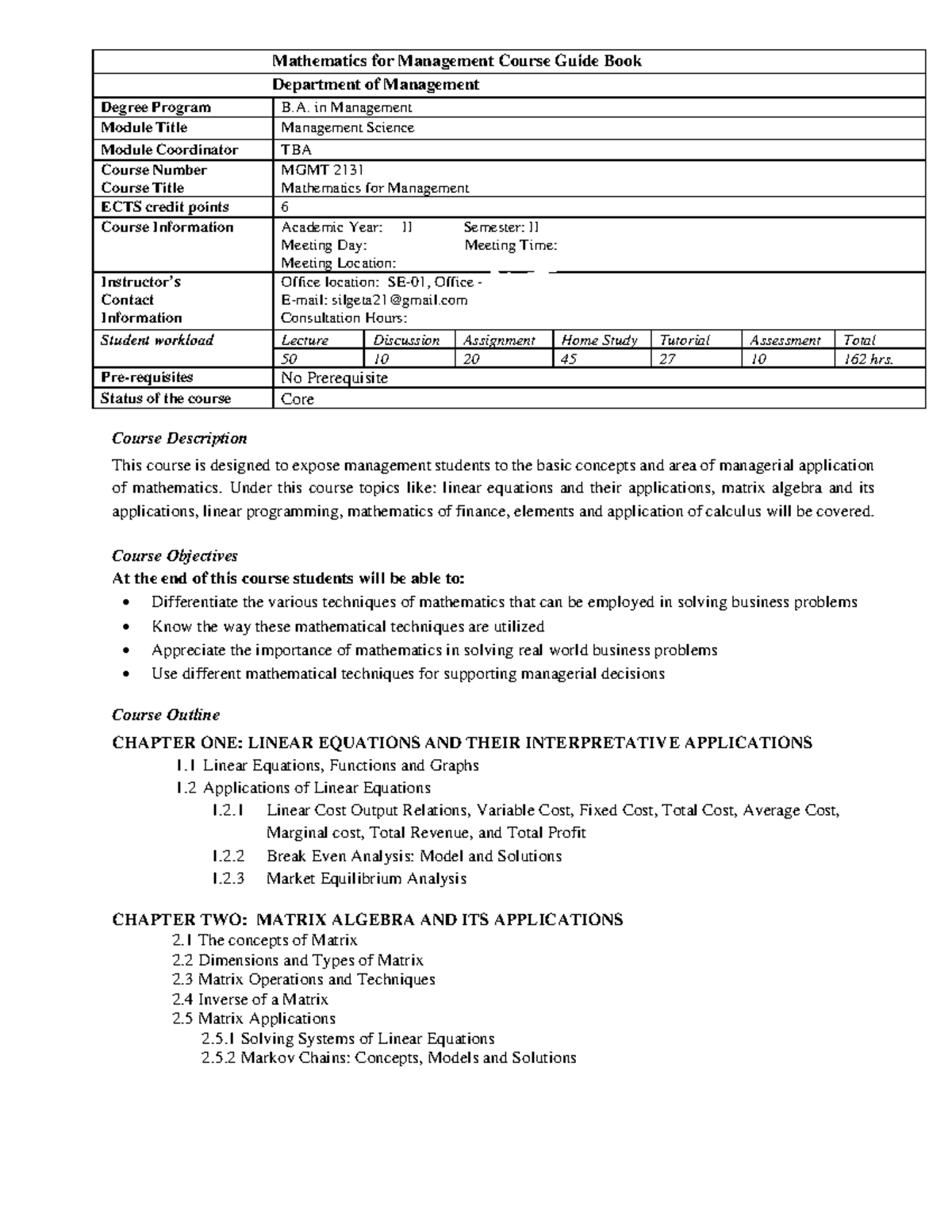 Mathematics for Management Course Guide Book - Mathematics for ...