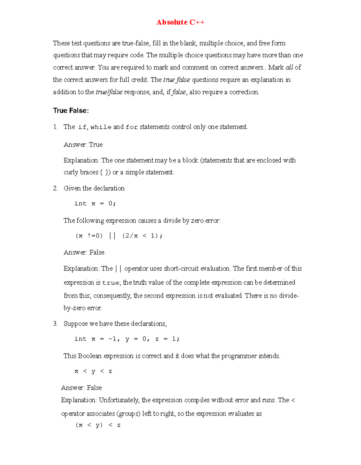 C++ Programming Assessment: Test Questions and Explanations - Studocu