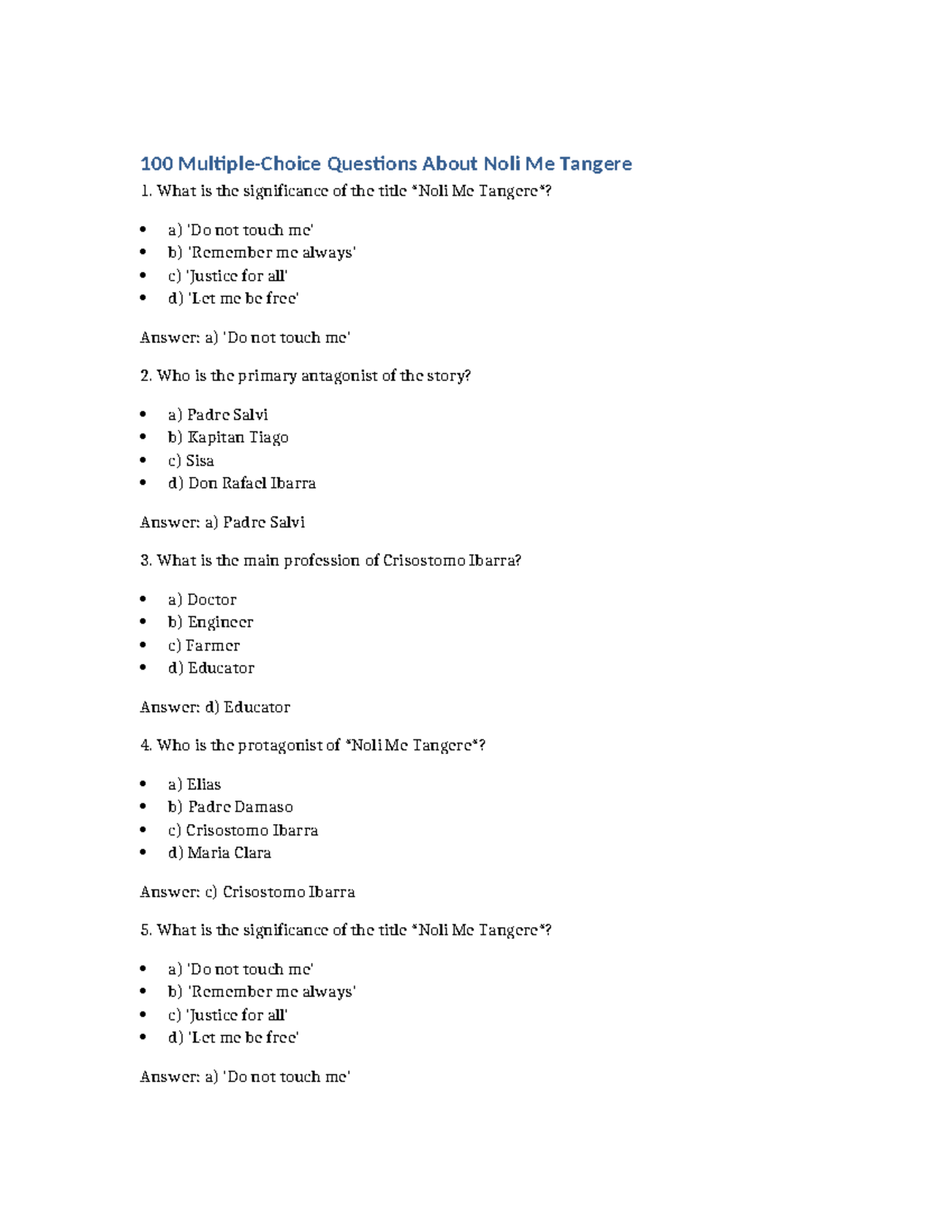Noli Me Tangere Questionssna - 100 Multiple-Choice Questions About Noli ...