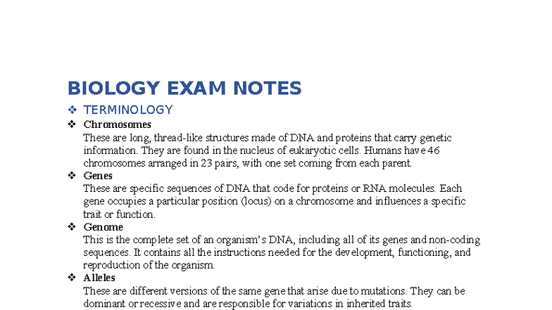 BIOLOGY 101 EXAM NOTES: Key Terminology & Concepts - Studocu