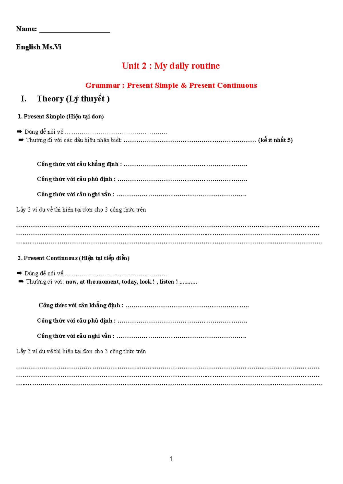 English Ms.Vi - Unit 2: My Daily Routine - Present Simple & Continuous ...
