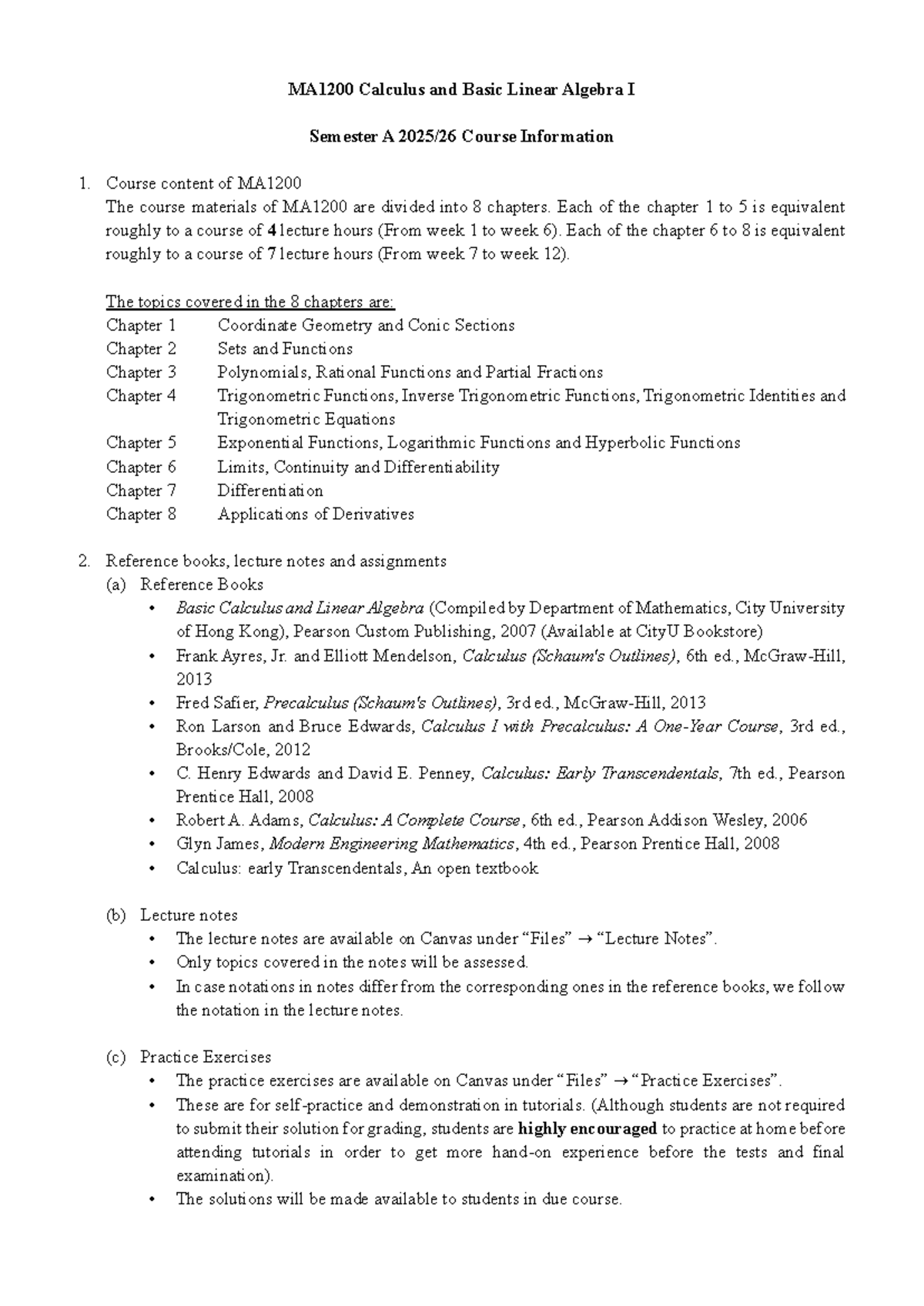 MA1200 2526A Calculus & Linear Algebra I Course Overview - Studocu
