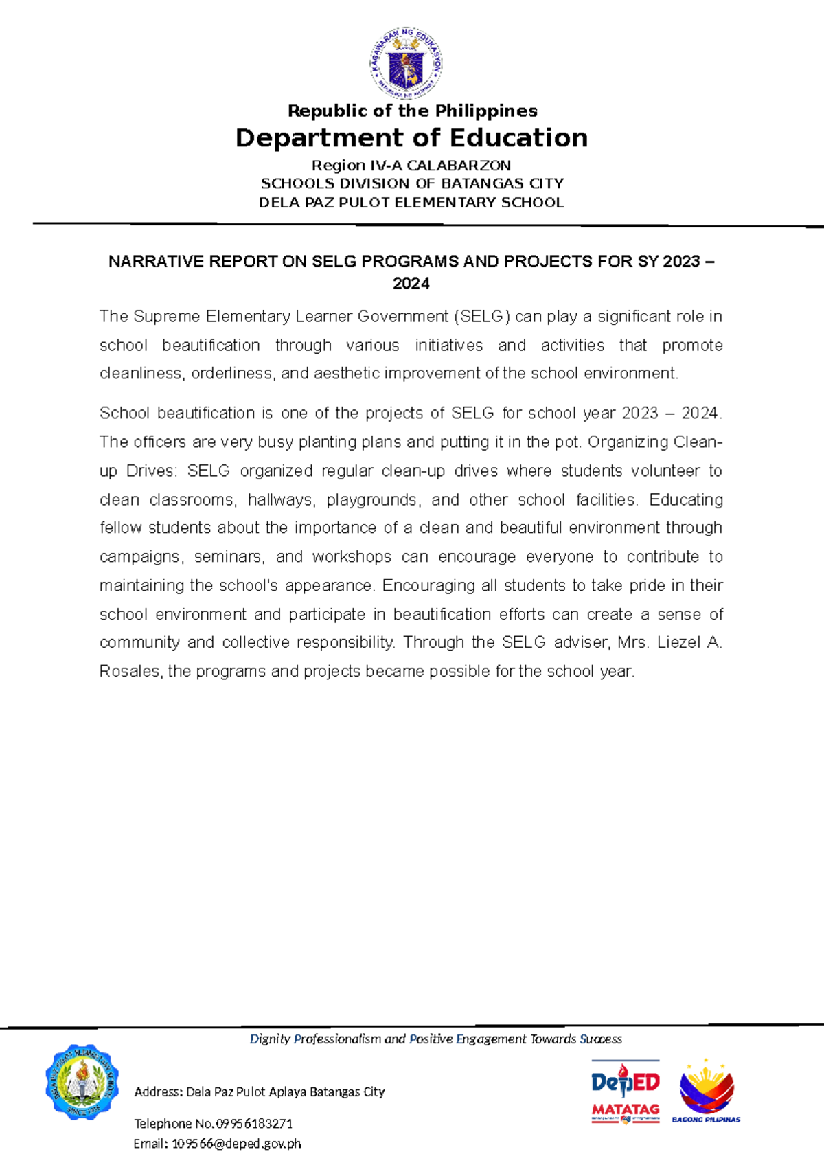 Narrative Report ON SELG Programs AND Projects FOR SY 2023 - Department ...