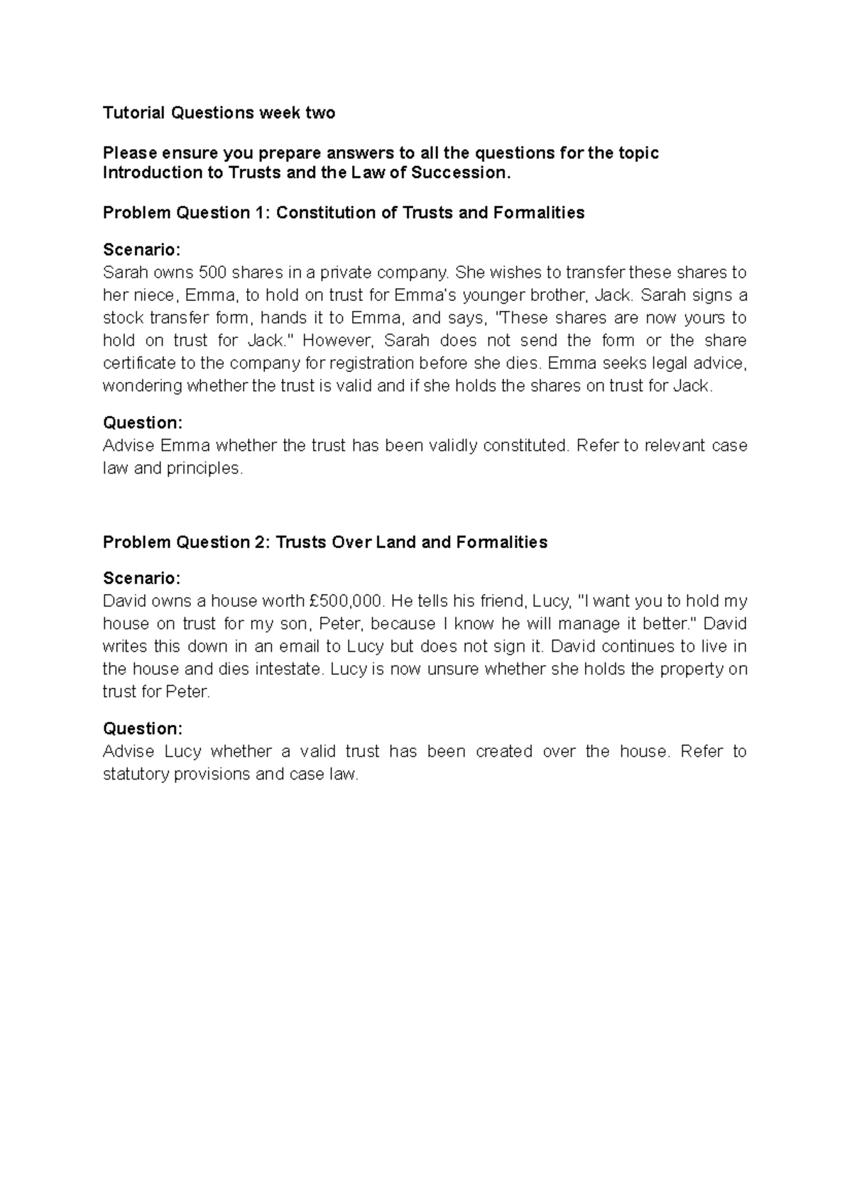 Tutorial Questions Week 2: Introduction to Trusts & Succession Law ...