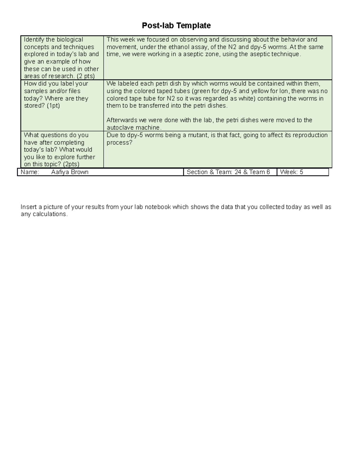 BIO 1106 Post-lab Assignment (Week 5) - Post-lab Template Identify the ...