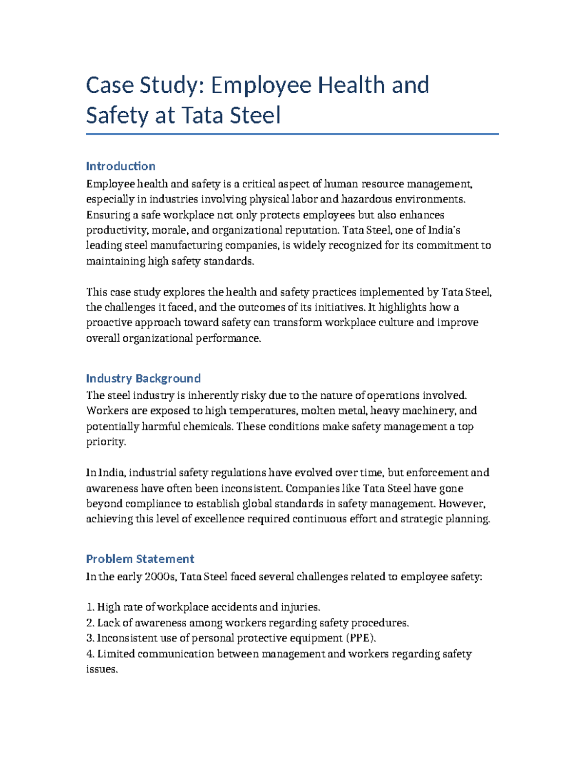 Case Study: Employee Health & Safety at Tata Steel (HRM 101) - Studocu