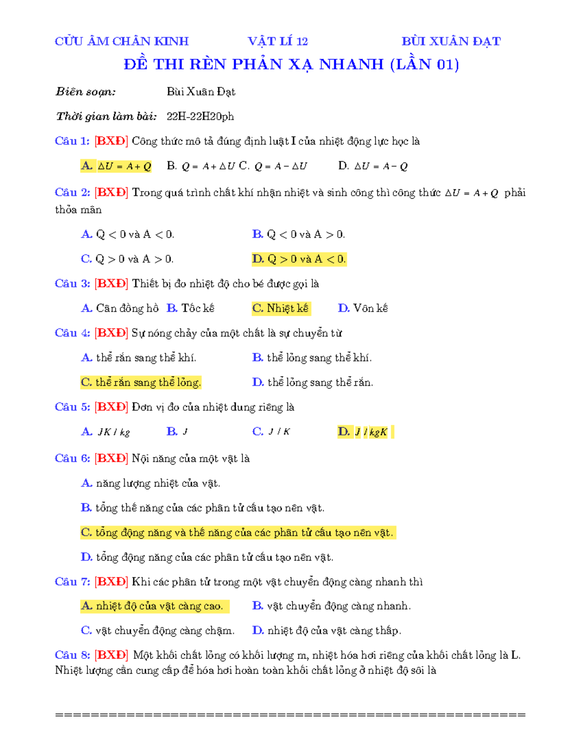 CỬU ÂM CHÂN KINH VẬT LÍ 12 BÙI XUÂN ĐẠT ĐỀ THI RÈN PHẢN XẠ NHANH (LẦN ...