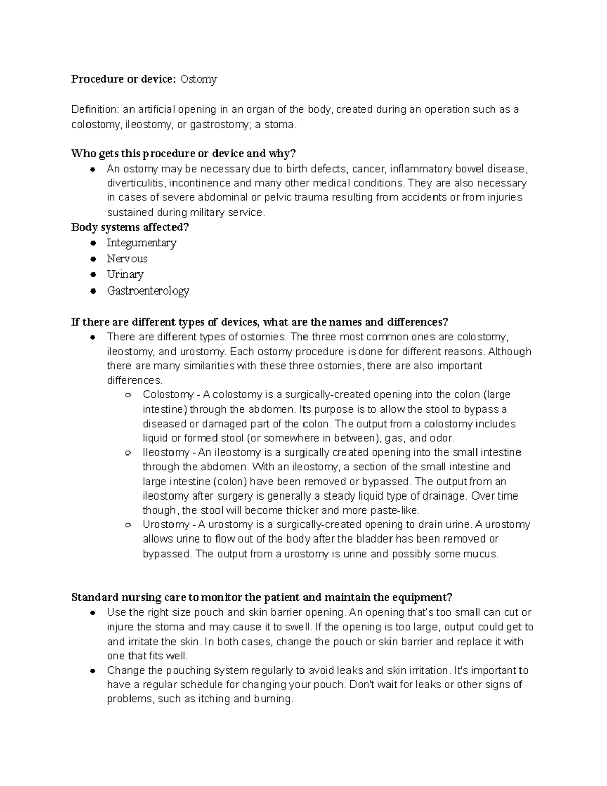 Ostomy Procedures: Types, Care, and Patient Management - Studocu