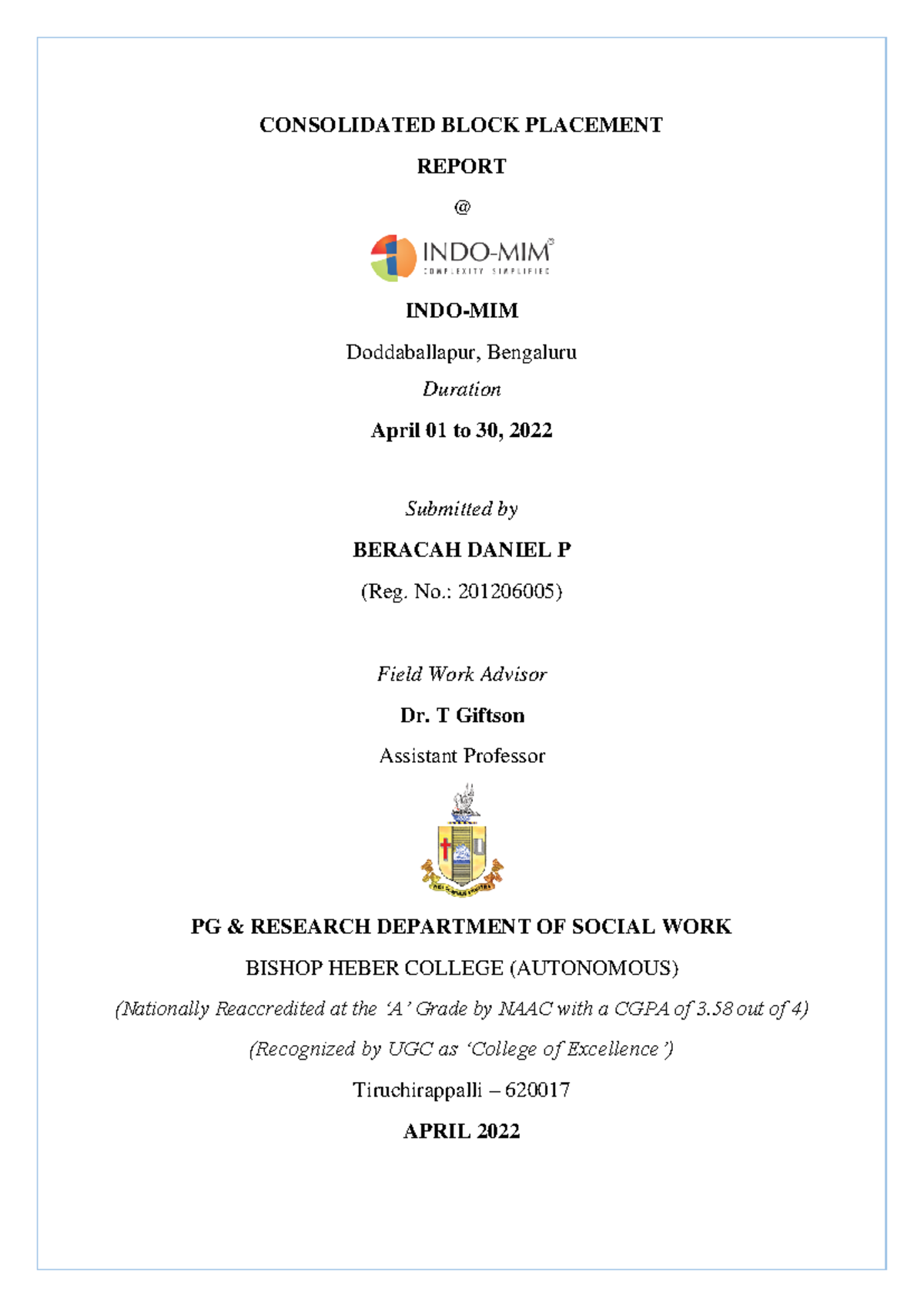 Indo-mim - block - Report on the study - CONSOLIDATED BLOCK PLACEMENT ...