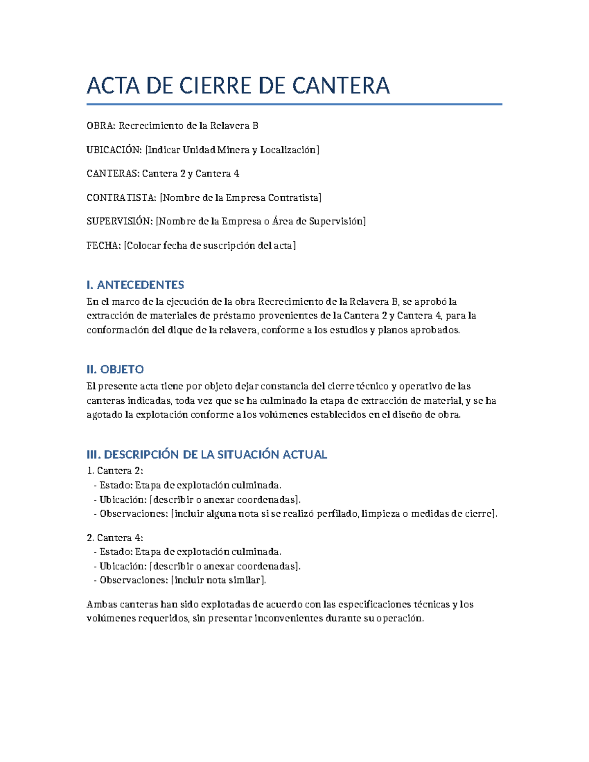 Modelo de Acta de Cierre de Cantera - Recrecimiento Relavera B - Studocu