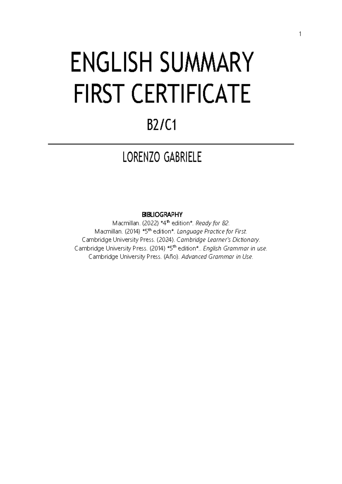 First Certificate English Summary: Key Grammar Concepts and Tenses ...
