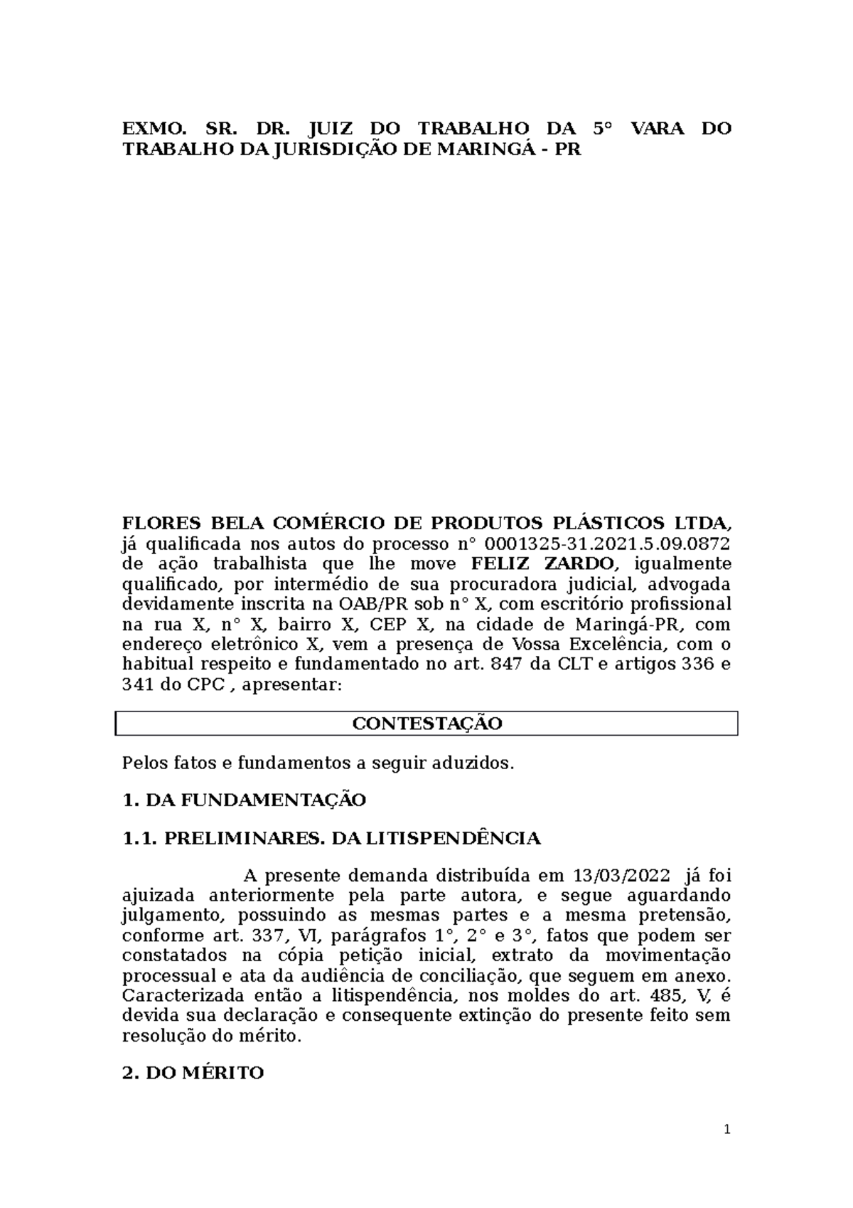 Contestação - Prática Processual Trabalhista (Ação nº 0001325-31/2021) - Document Preview