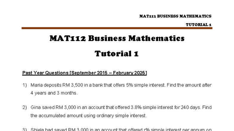 MAT112 BUSINESS MATHEMATICS TUTORIAL PAST YEAR QUESTIONS 2015 - Studocu