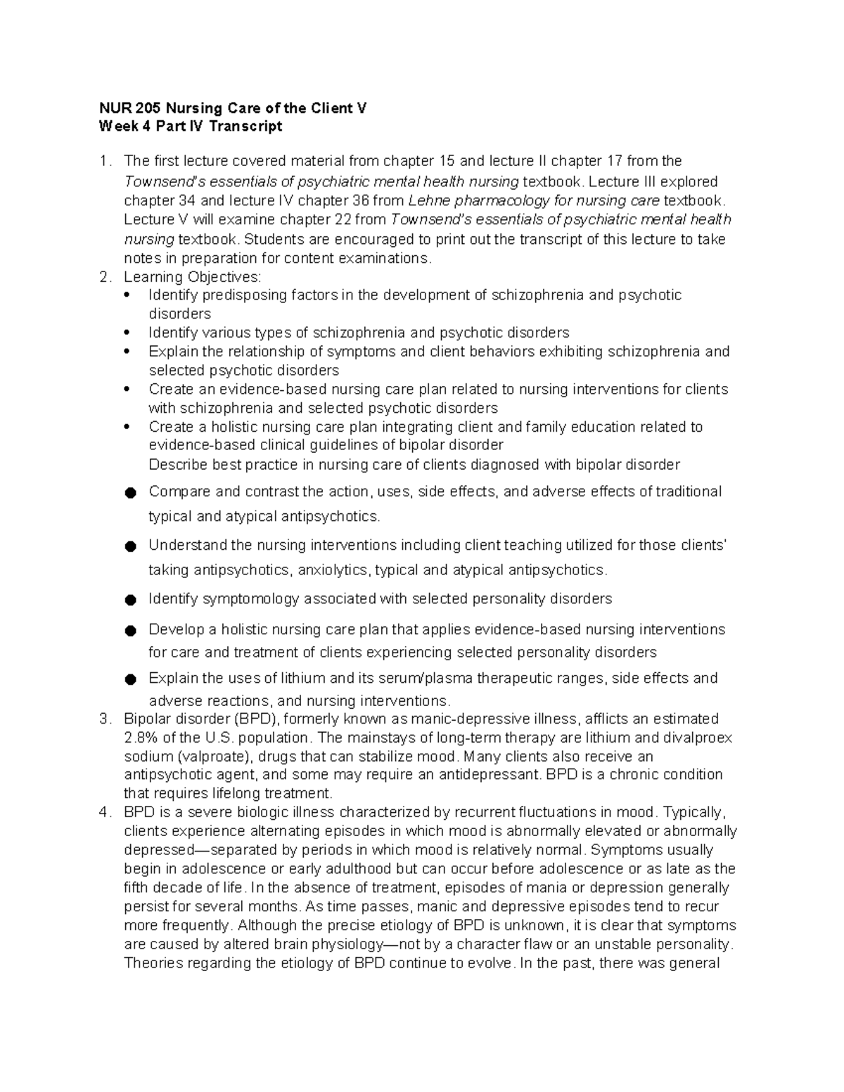NUR 205 Nursing Care of the Client V Week 4 Lecture Notes on Bipolar ...