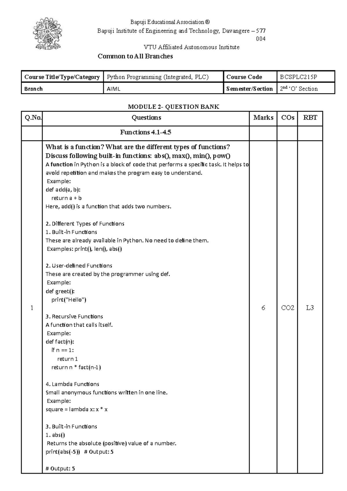 Python Programming (BCSPLC215P) Module 2 Question Bank with Answers ...