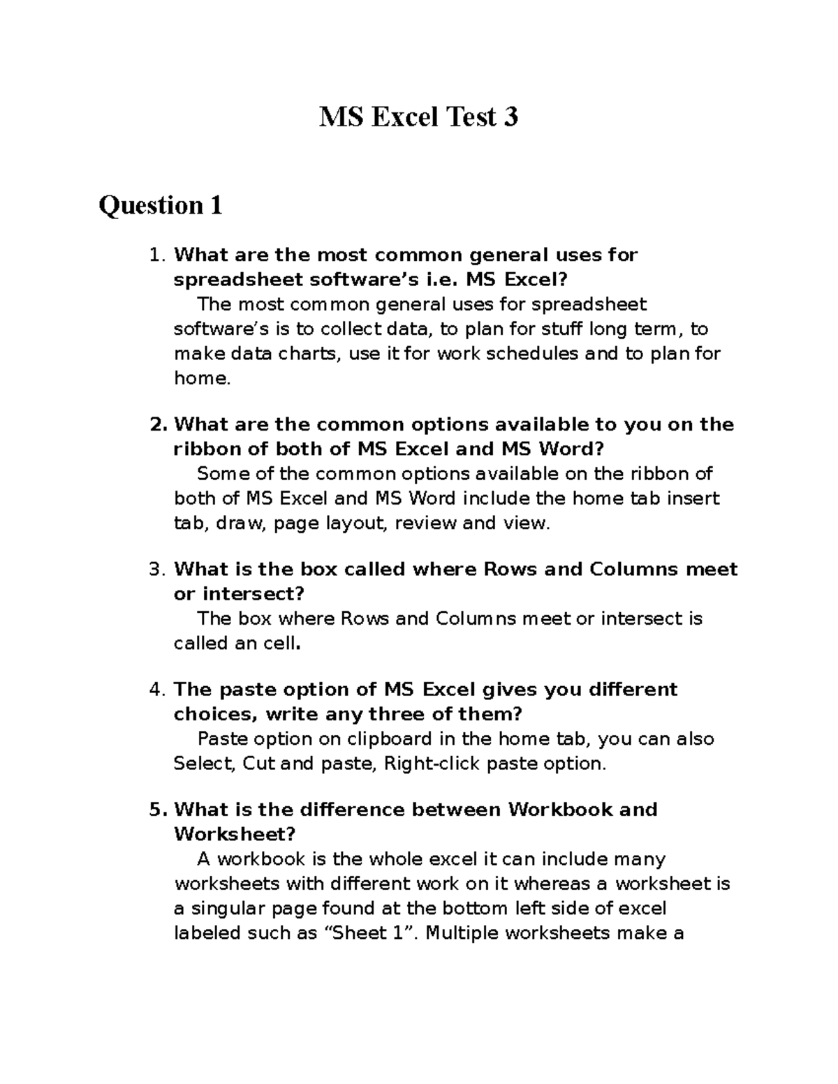 MS Excel Test 3: Key Concepts and Practical Questions - Studocu