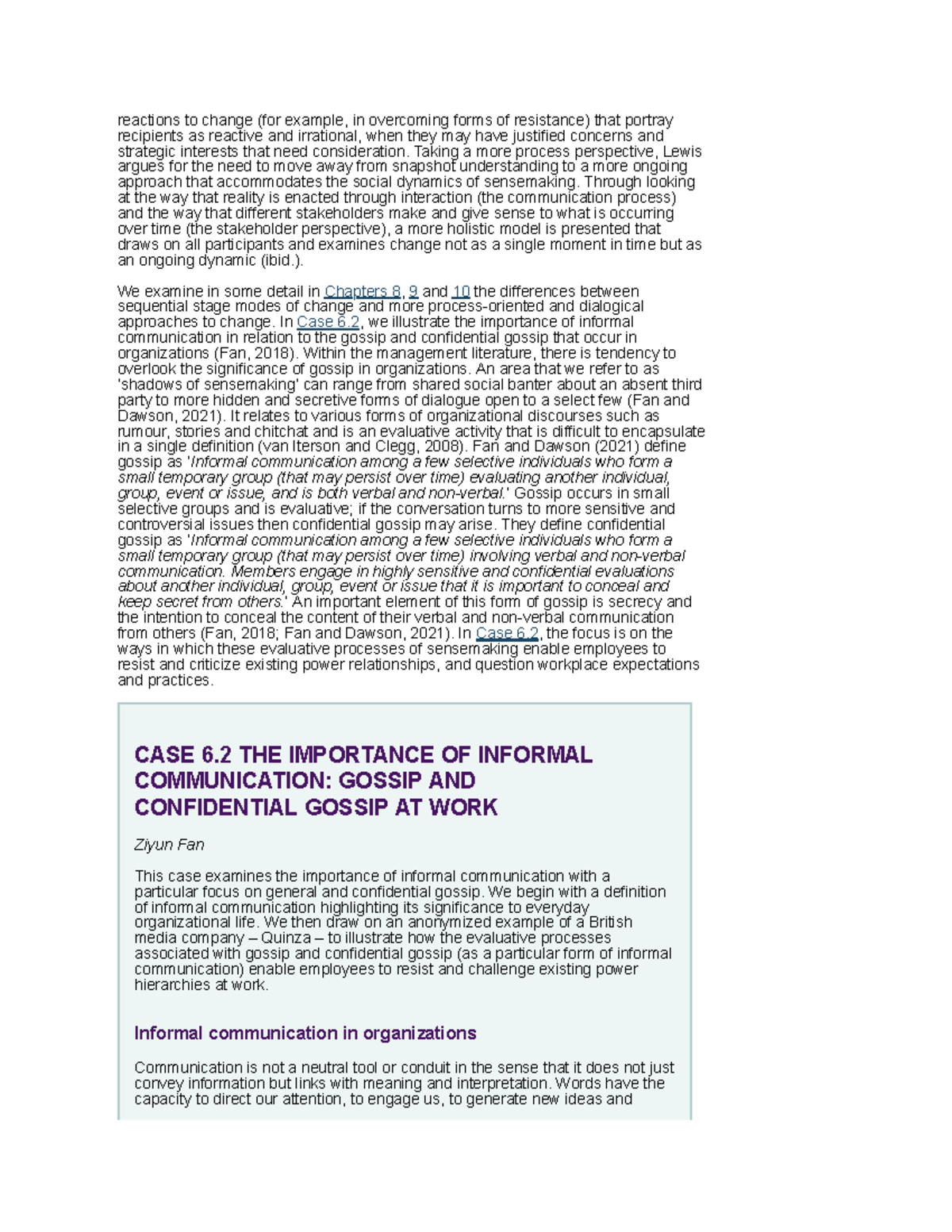 CASE 6.2 Gossip And Confidential Gossip At Work - reactions to change ...