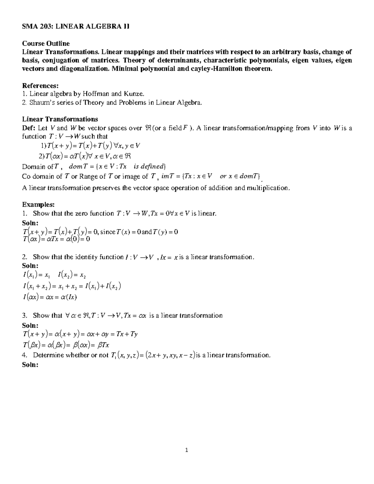 SMA 203 Notes - SMA 203: LINEAR ALGEBRA II Course Outline Linear ...