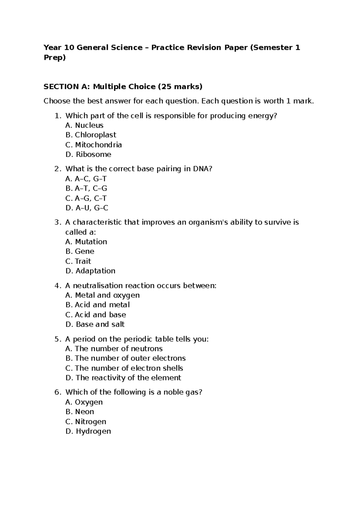 Year 10 General Science Semester 1 Exam Revision Paper - Studocu