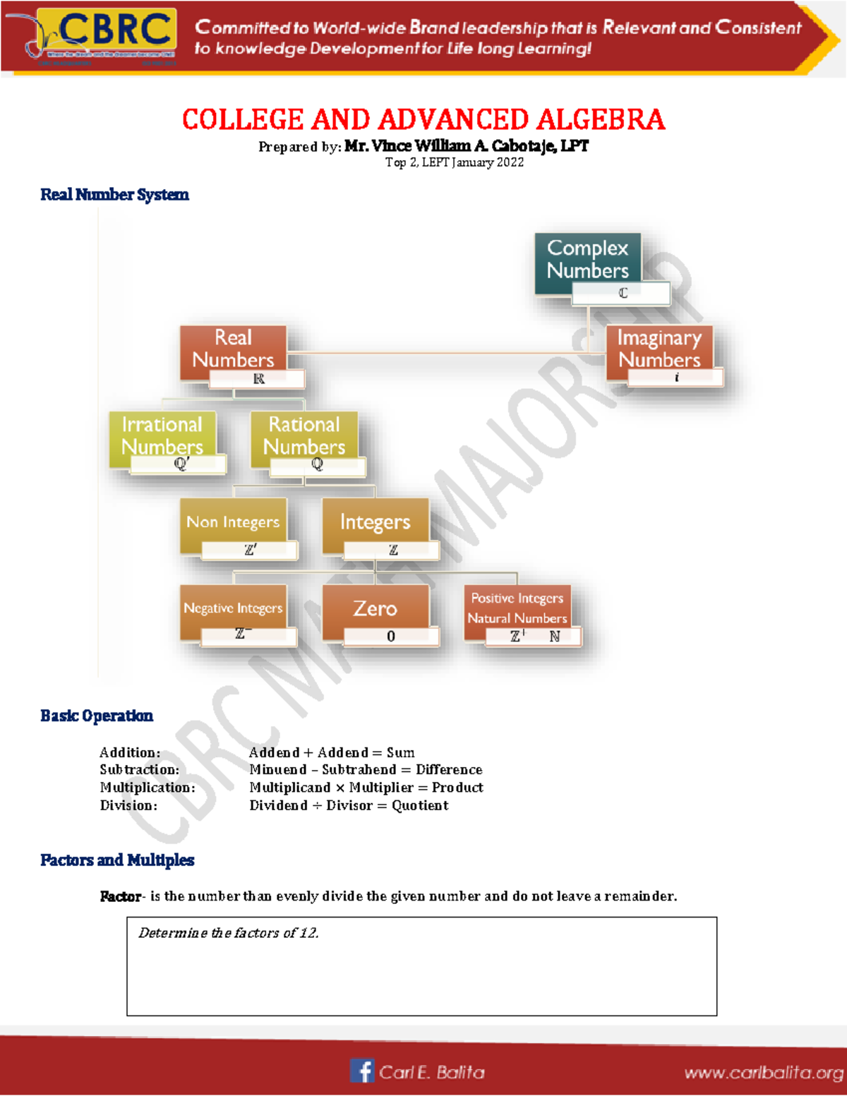 College and Advanced Algebra - Comprehensive Handout Overview - Studocu