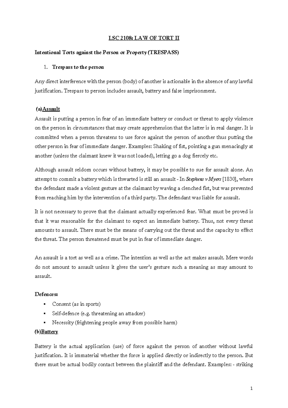 LSC 2108: LAW OF TORT II - Comprehensive Notes on Intentional Torts ...