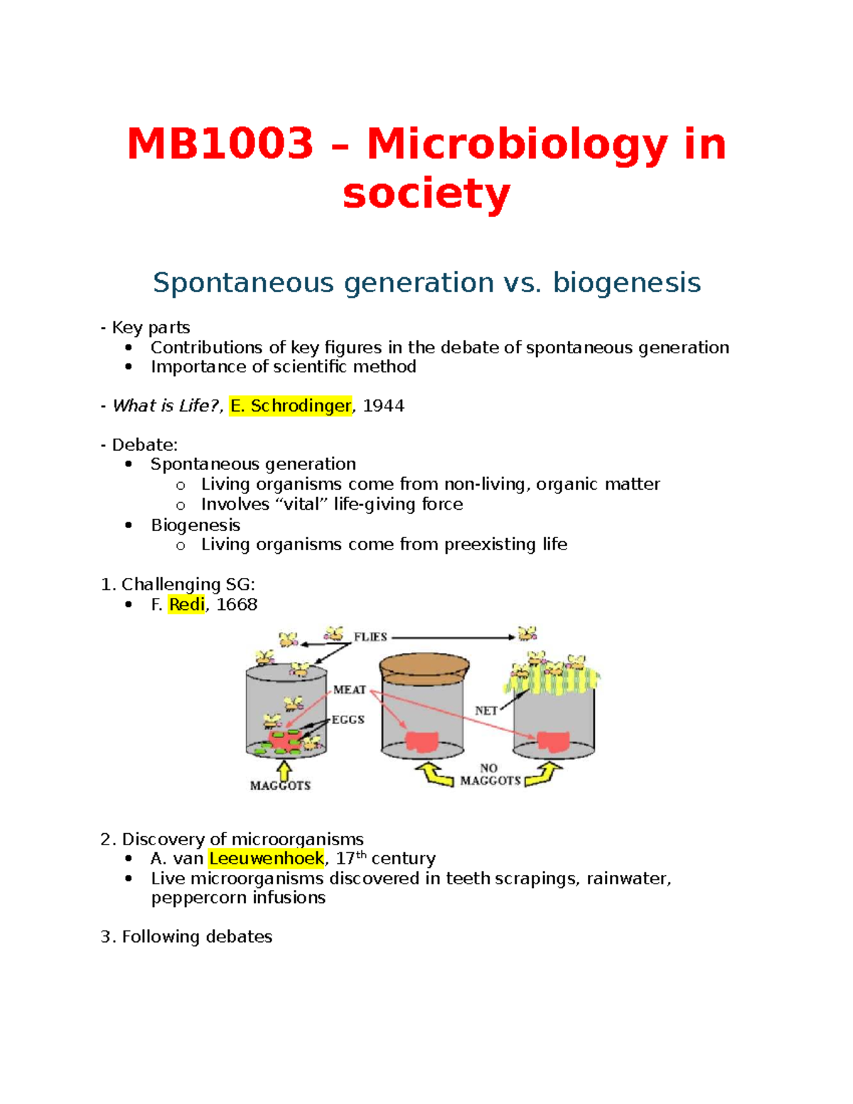 MB1003 Microbiology in Society: Spontaneous Generation vs. Biogenesis ...