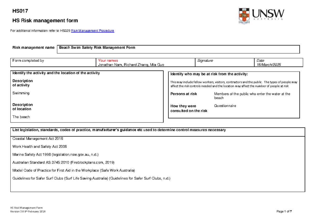 HS017 Beach Swim Safety Risk Management Form - Studocu