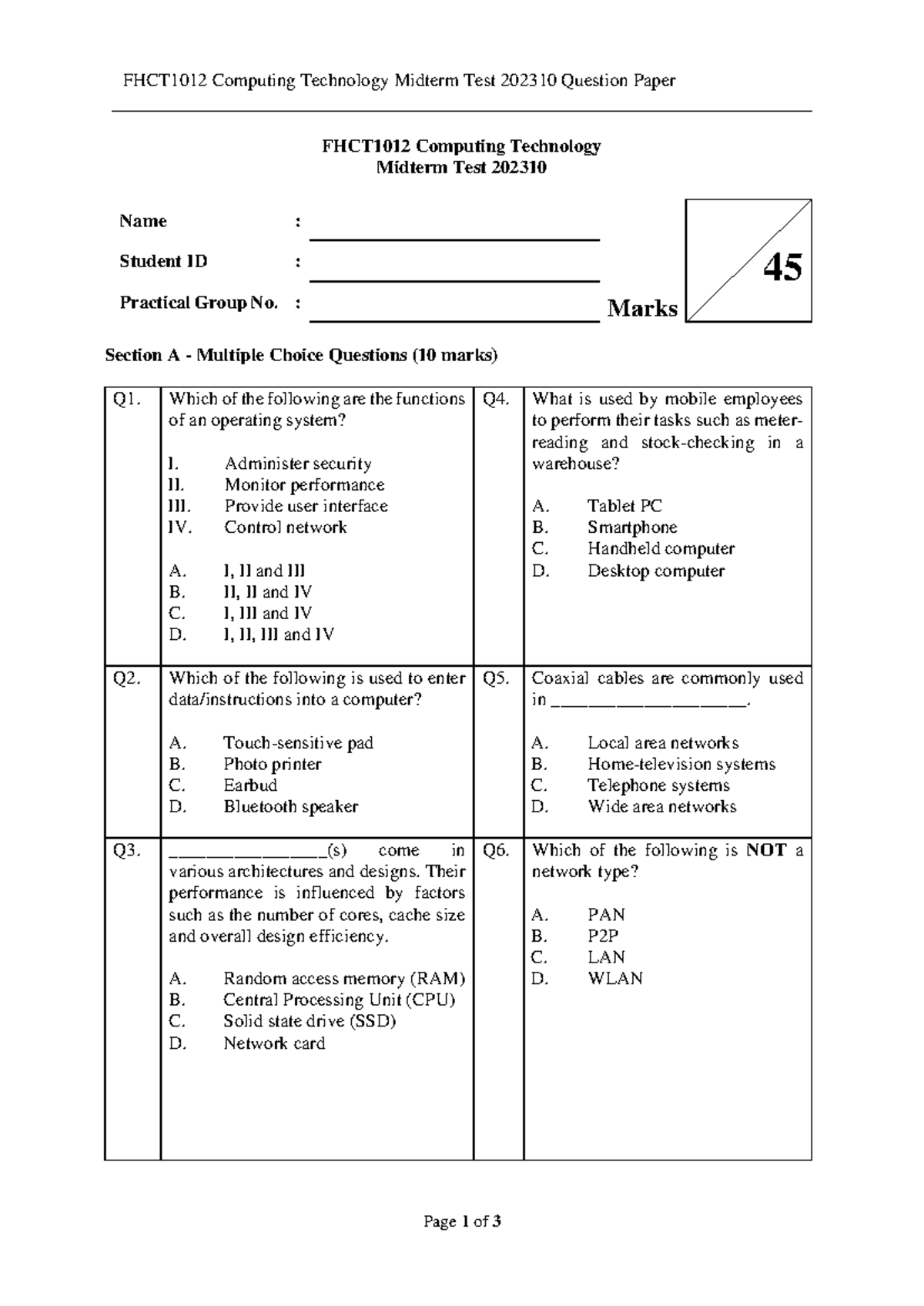 MTT CT 202310 - Mid term practice - FHCT1012 Computing Technology ...