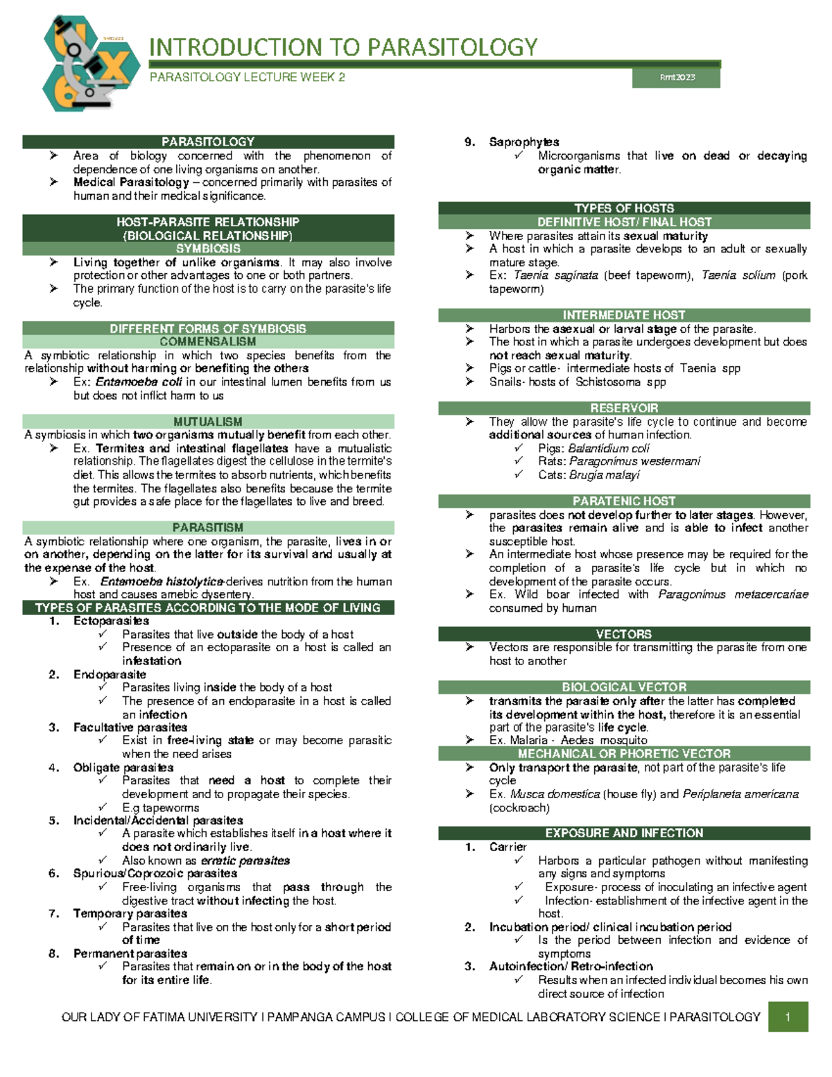 Parasitology Lecture Notes - Week 2 & 3 Overview (PARA 101) - Studocu