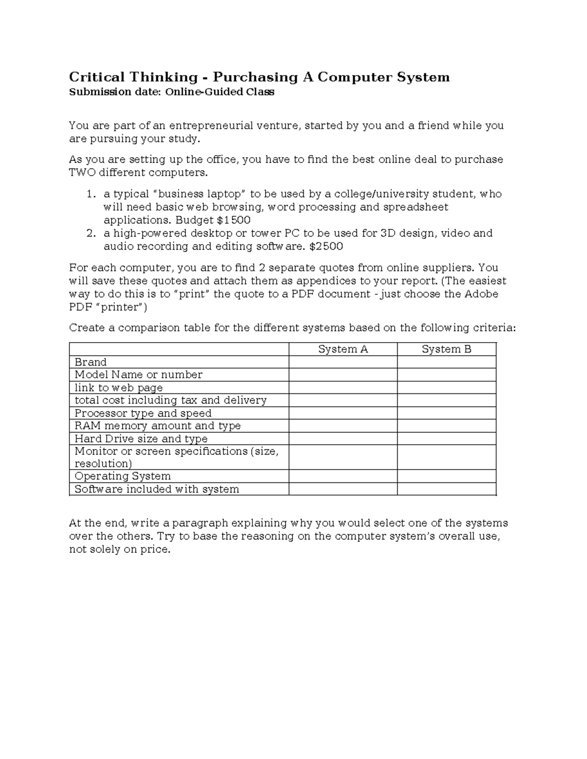 CPSC110-Critical Thinking Assignment 1: Comparing Computer Systems ...