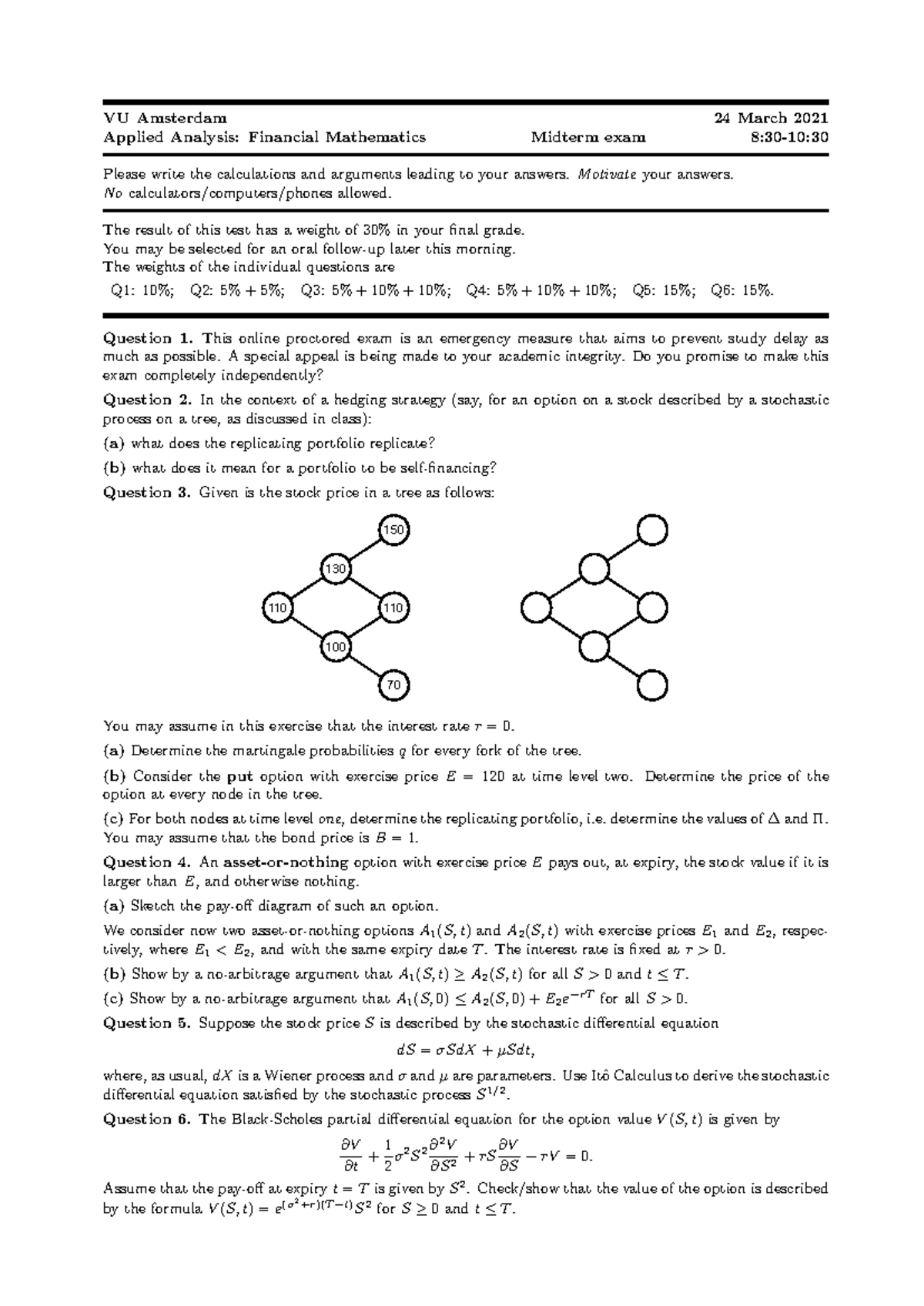 VU Amsterdam Applied Analysis: Financial Mathematics Midterm Exam 2021 ...