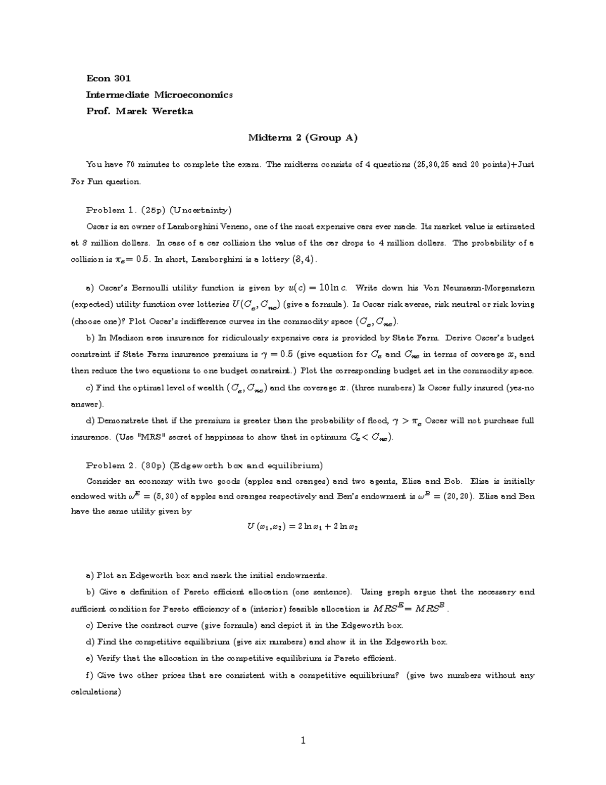 Econ 301 - Intermediate Microeconomics Midterm 2 Quiz Notes - Studocu