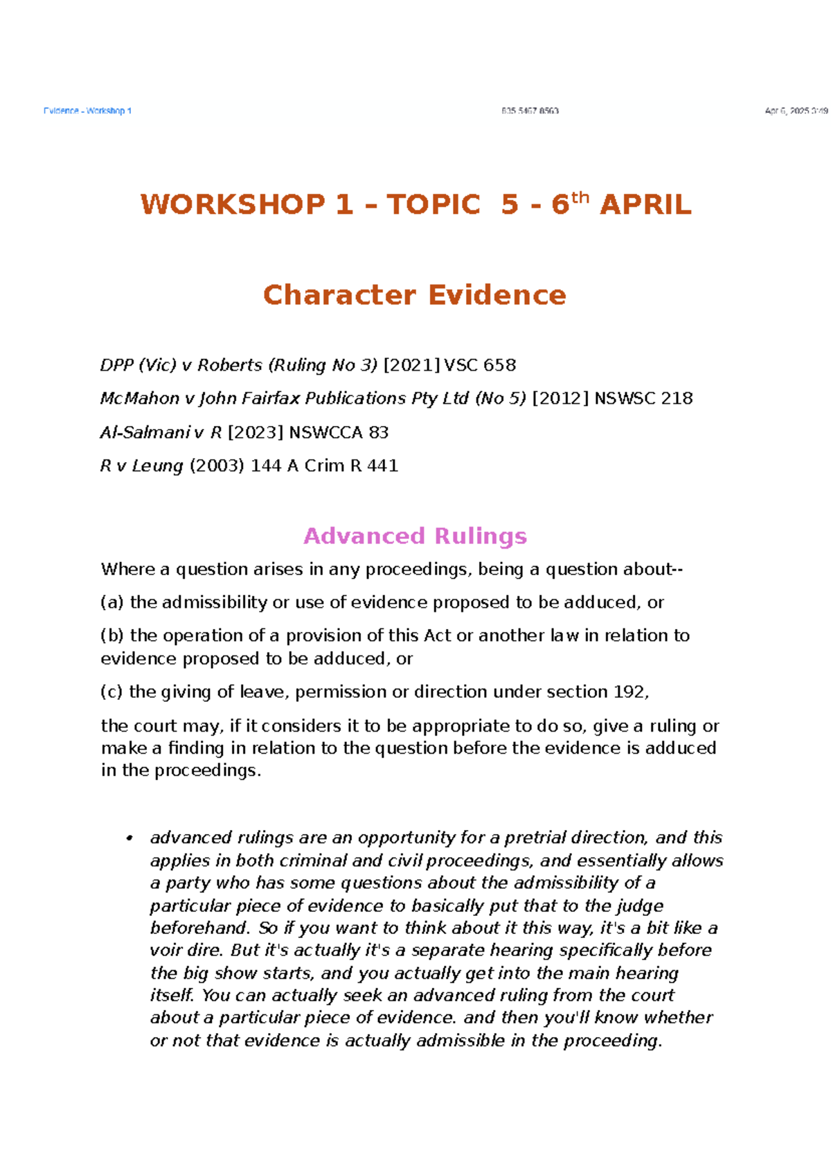 6th April - Workshop - Character Evidence - WORKSHOP 1 – TOPIC 5 - 6 th ...