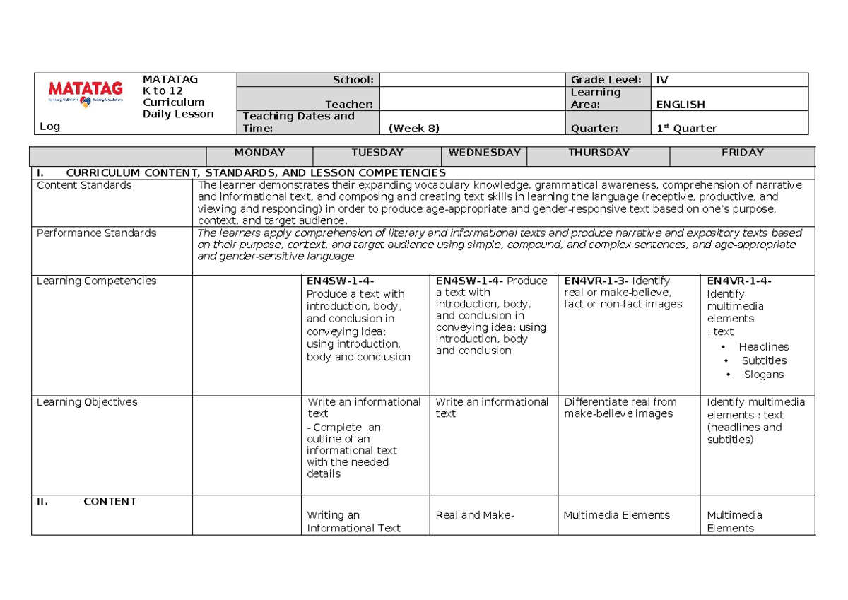 MATATAG K to 12 Curriculum Daily Lesson Log: English 4 Week 8 - Studocu