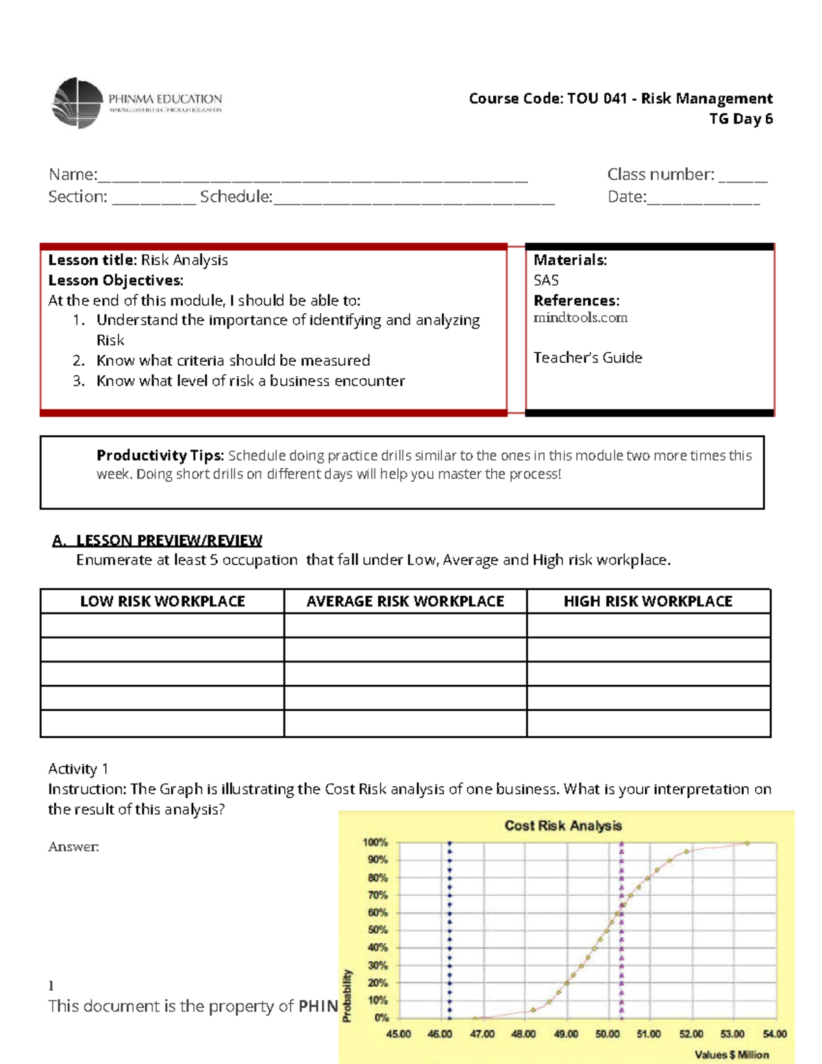 TOU 041 Risk Management TG Day 6: Lesson on Risk Analysis - Studocu