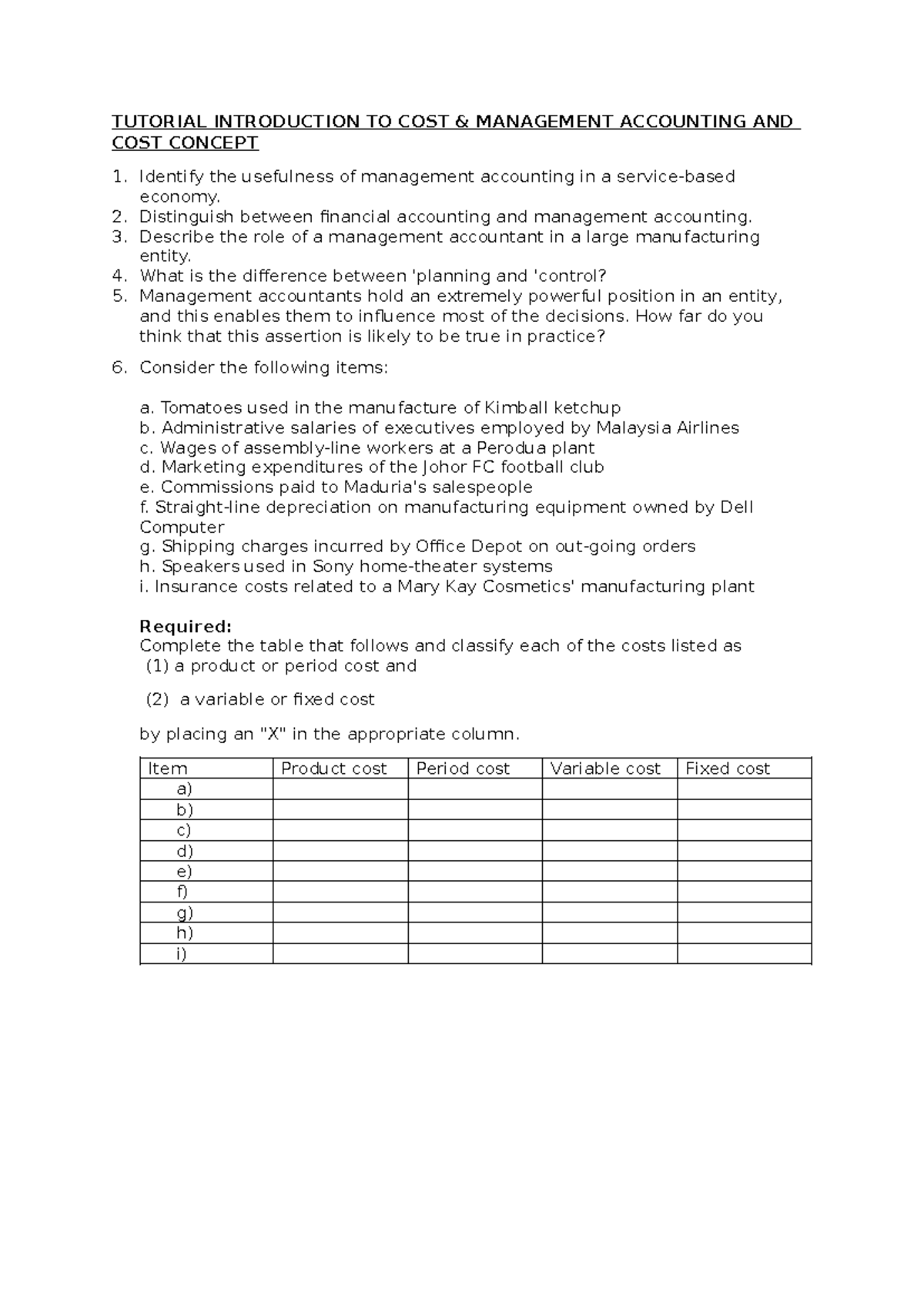 Tutorial Introduction TO COST Management Accounting AND COST Concept ...