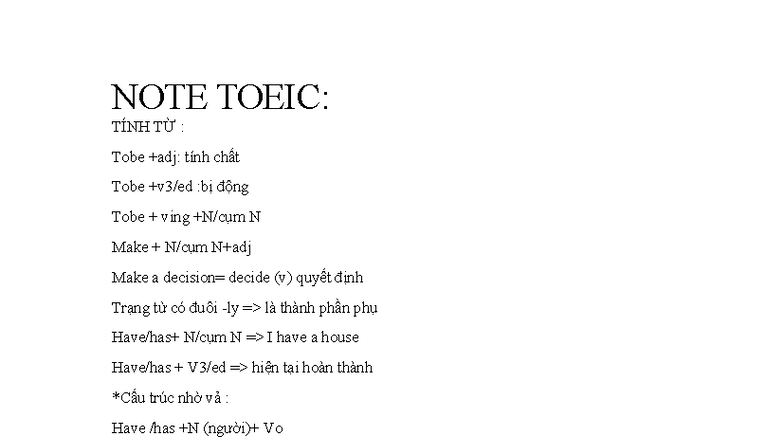 NOTE TOEIC: Tính Từ và Cấu Trúc Ngữ Pháp - Studocu