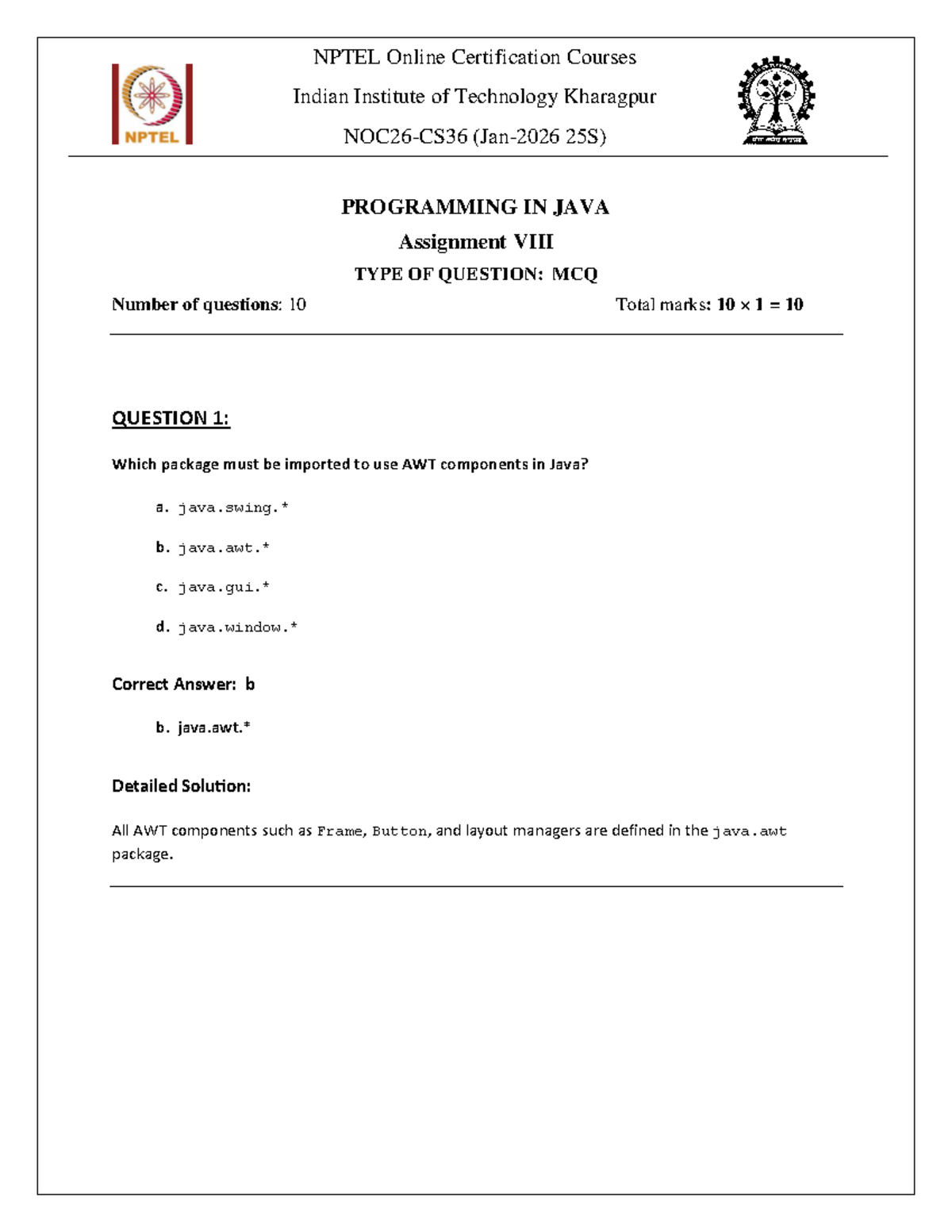 25S - Programming in Java MCQ Assignment - Final Exam - Studocu