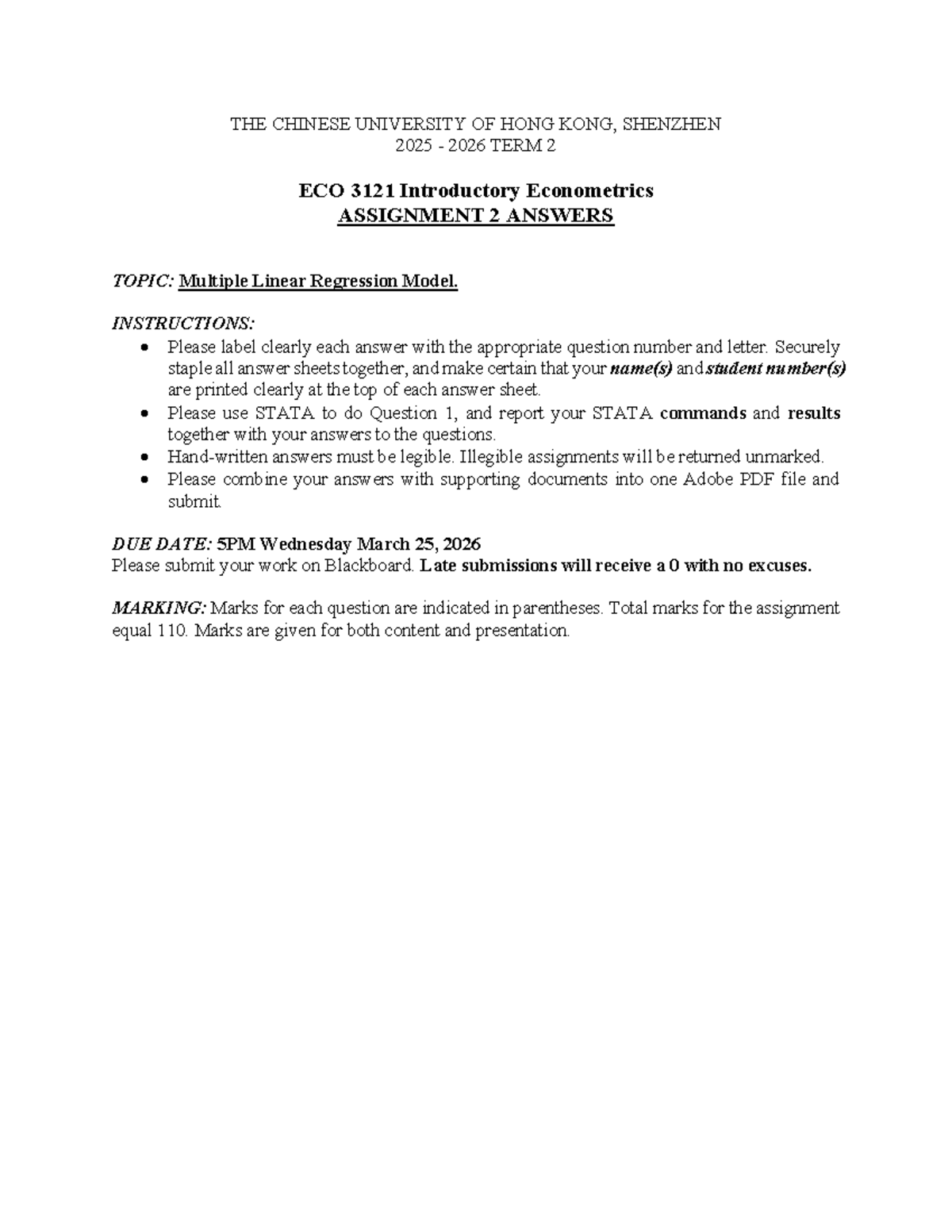 ECO 3121 Assignment 2 Answers: Multiple Linear Regression Analysis ...