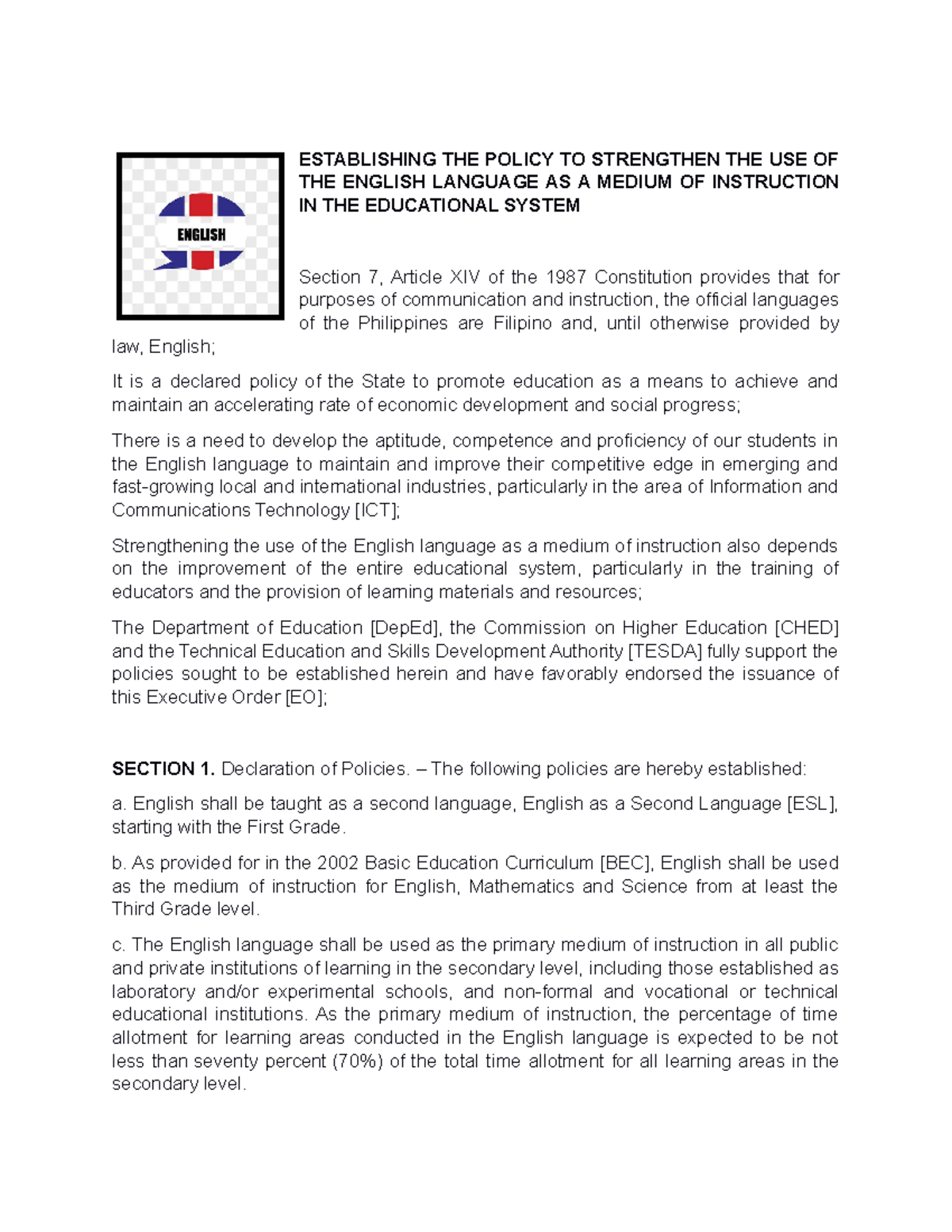 Establishing THE Policy TO Strengthen THE USE OF THE English Language ...