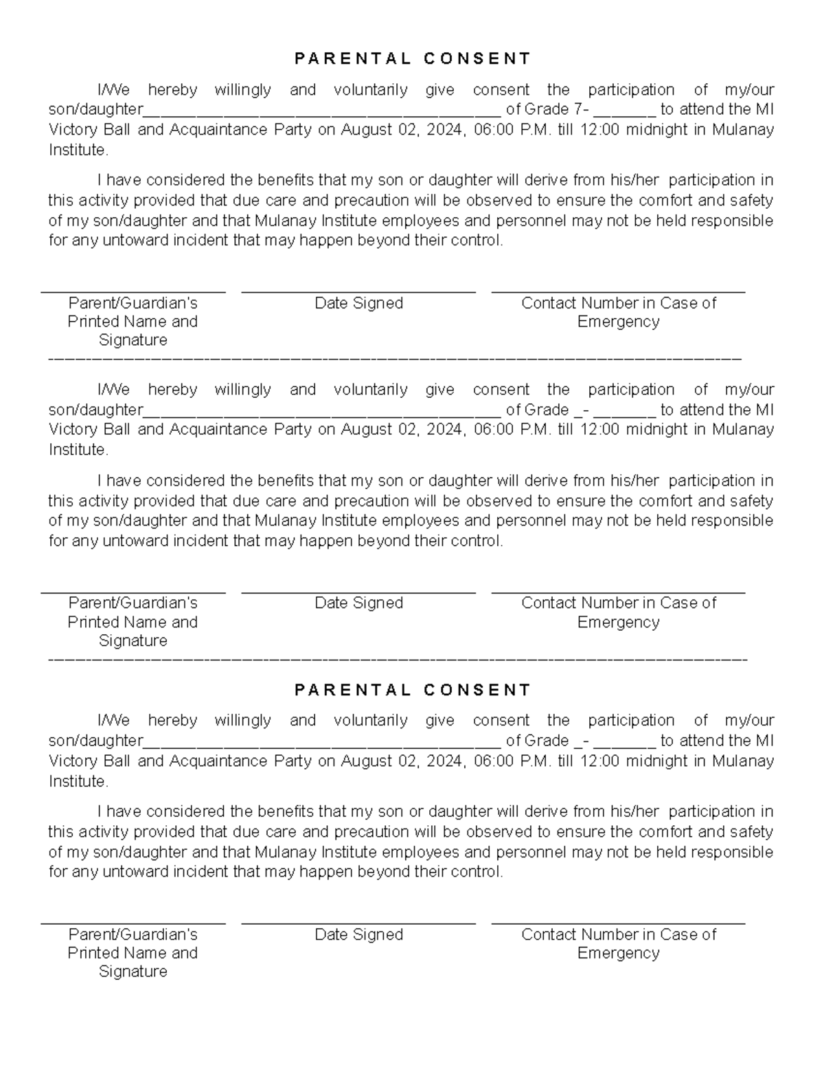 MI Grade 7 Parental Consent for Victory Ball Participation - Studocu