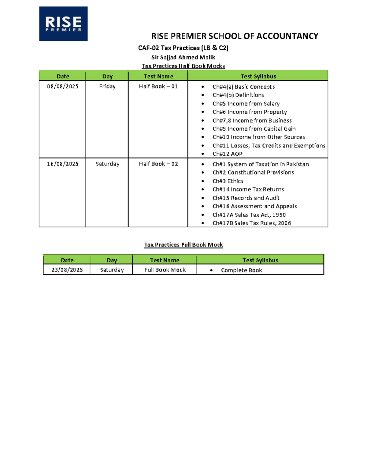 CAF-02 Tax Practices Half & Full Book Mock Schedule - Studocu