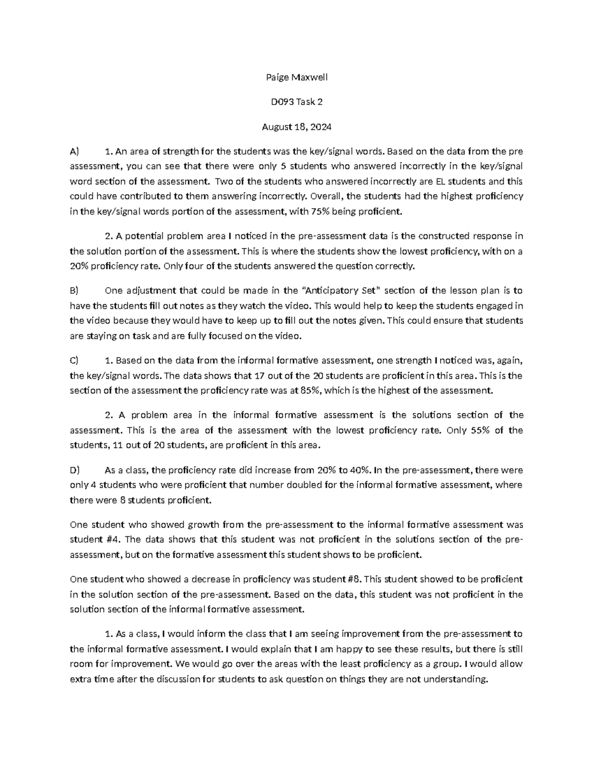 D093 Task 2 - passed task 2 - Paige Maxwell D093 Task 2 August 18, 2024 ...