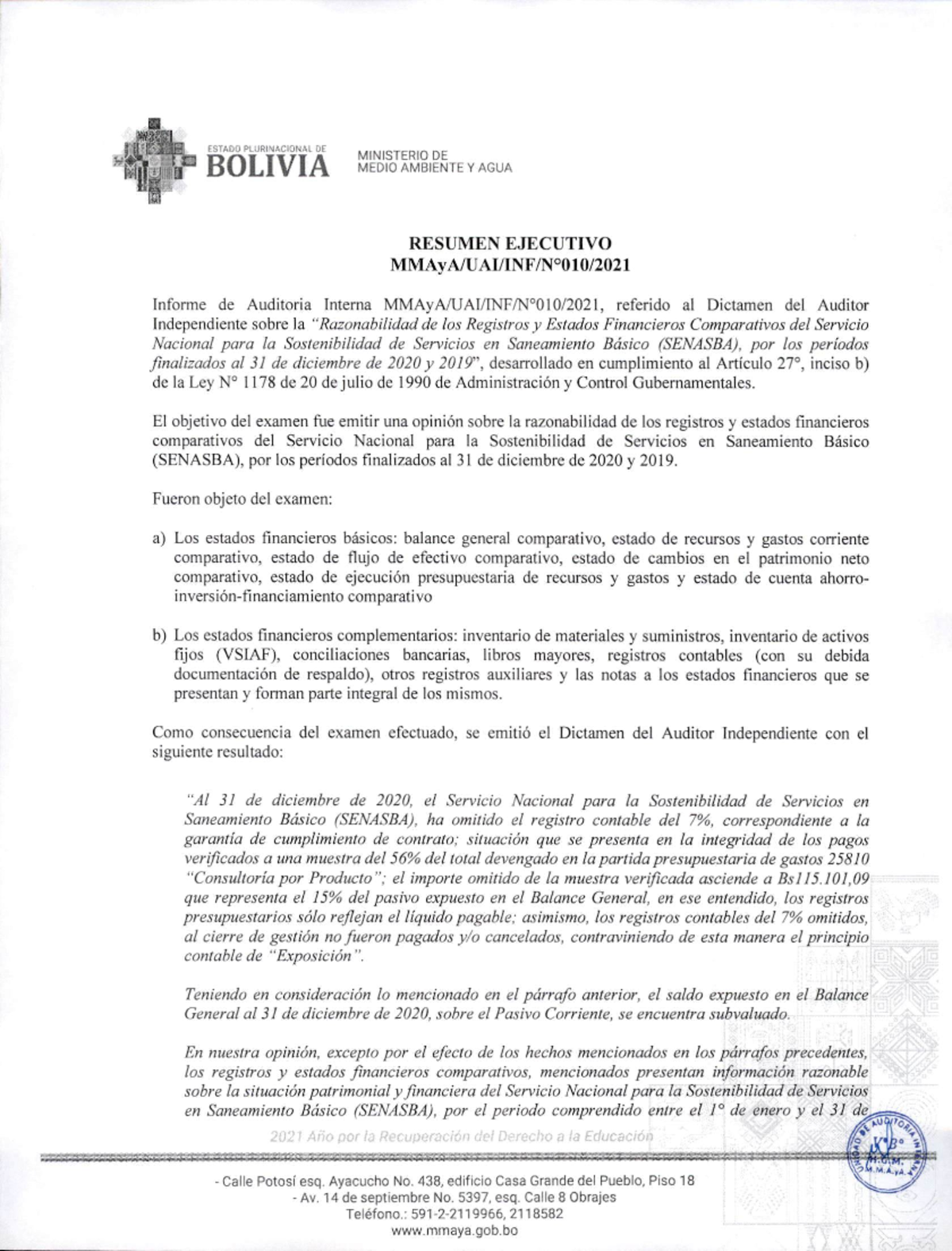 Resumen Ejecutivo Nº 10 - Auditoría Interna de SENASBA (2020-2021) - Document Preview