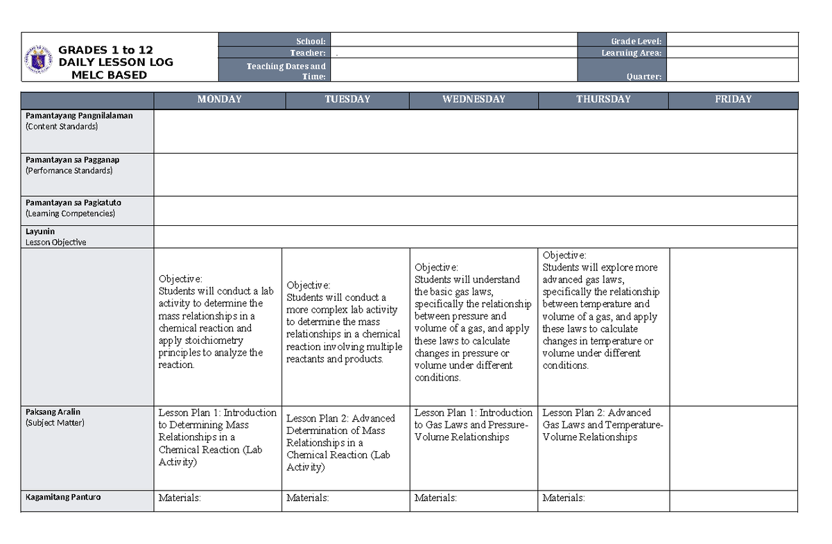 WEEK 9 - Daily Lesson Log (DLL) for Grades 1-12: Chemical Reactions ...
