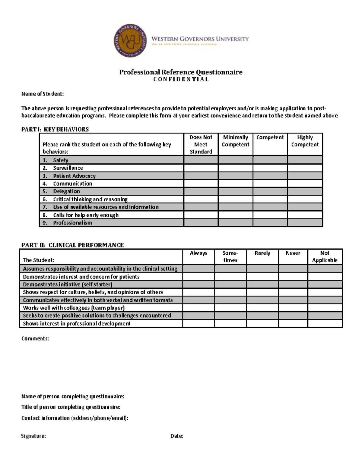Professional Reference Questionnaire for Student Evaluation - Studocu