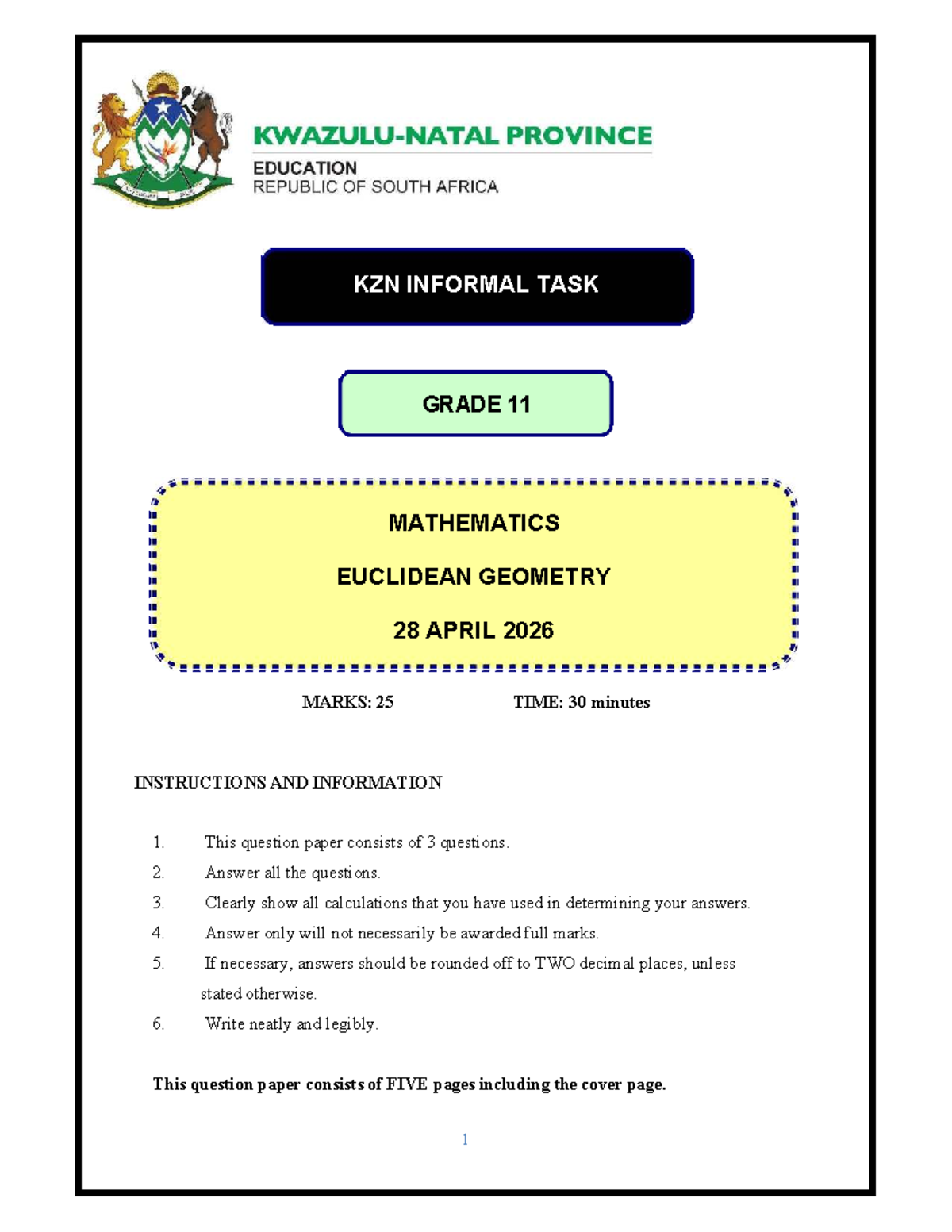Mathematics 10 KZN Informal Task: Grade 11 Euclidean Geometry - Studocu