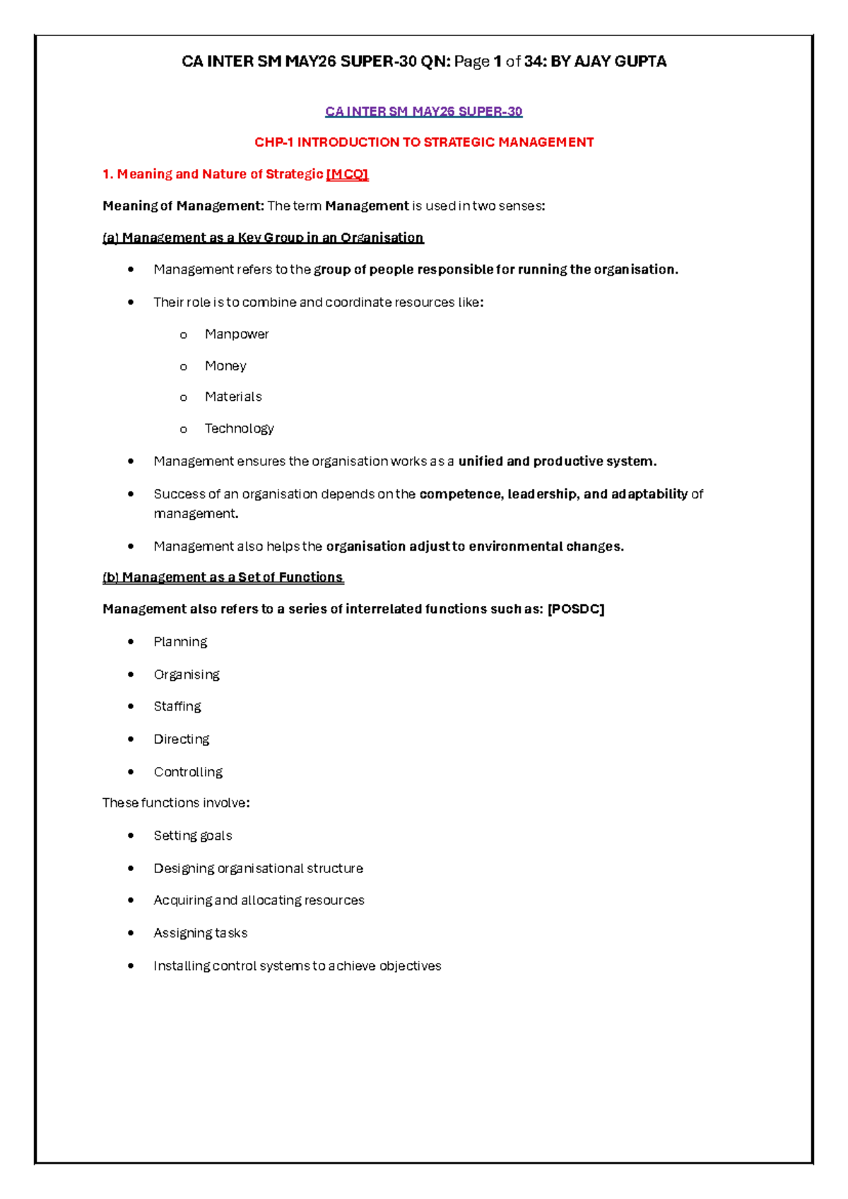 CA INTER SM MAY26 Strategic Management Overview and Key Concepts - Studocu