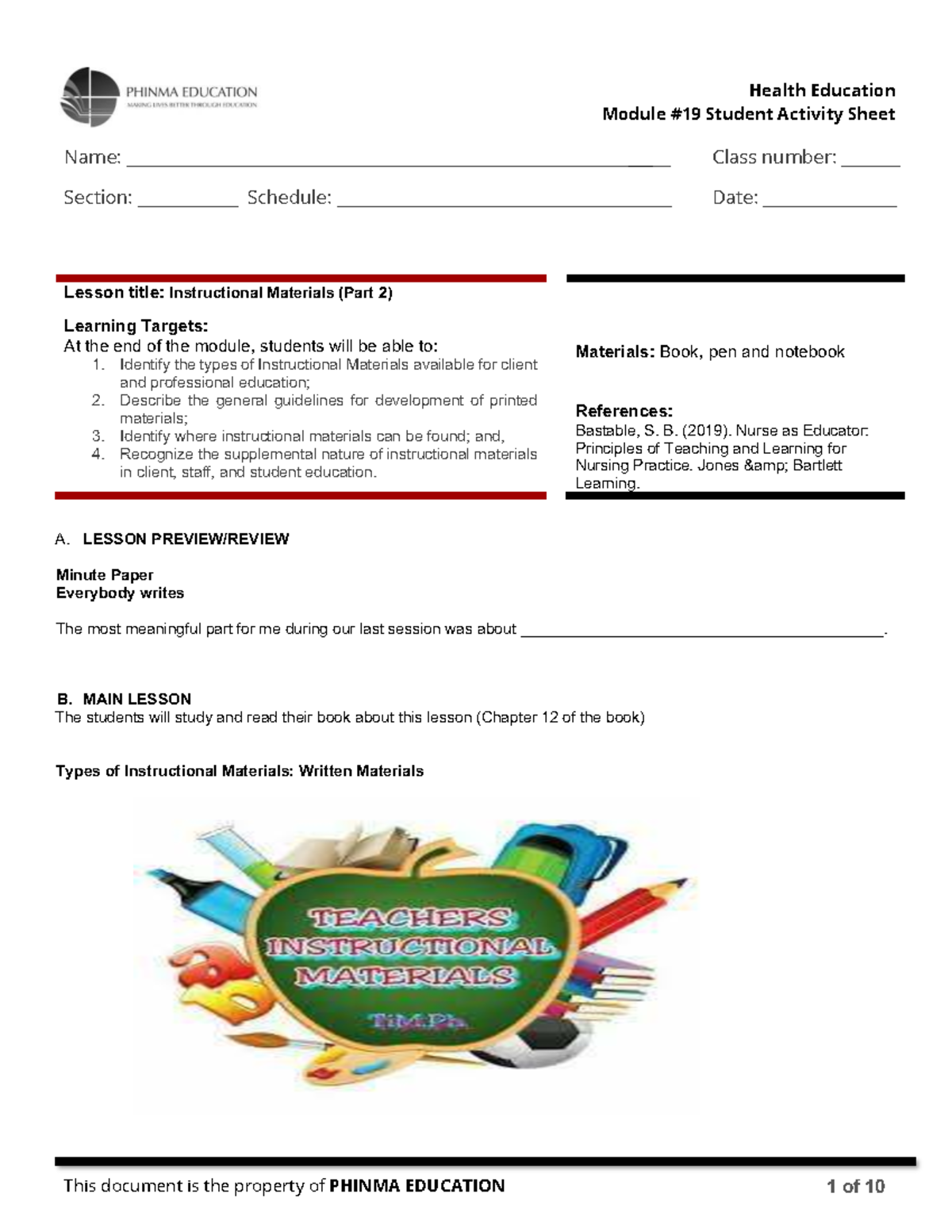 HE SAS 19 - Student Activity Sheet on Instructional Materials in Health ...