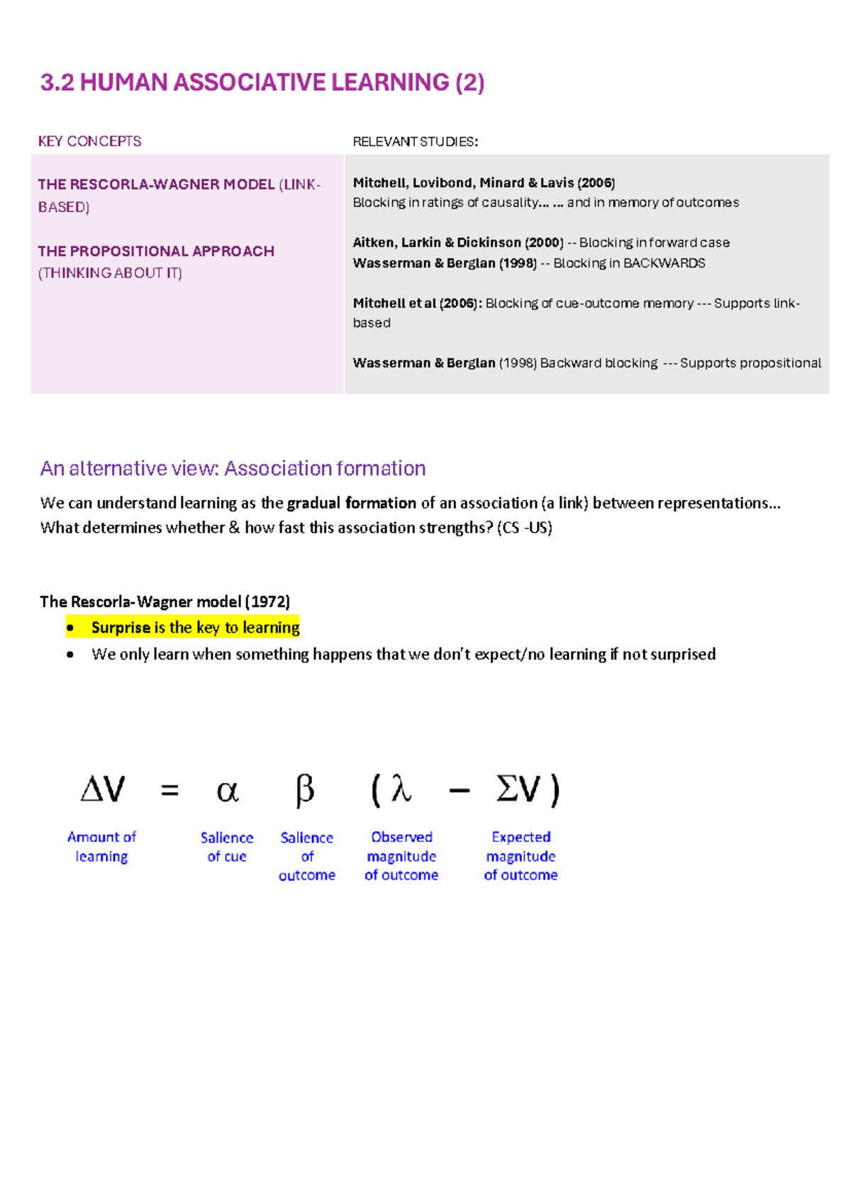 Lecture 2: Key Concepts in Human Associative Learning (PSY 101) - Studocu